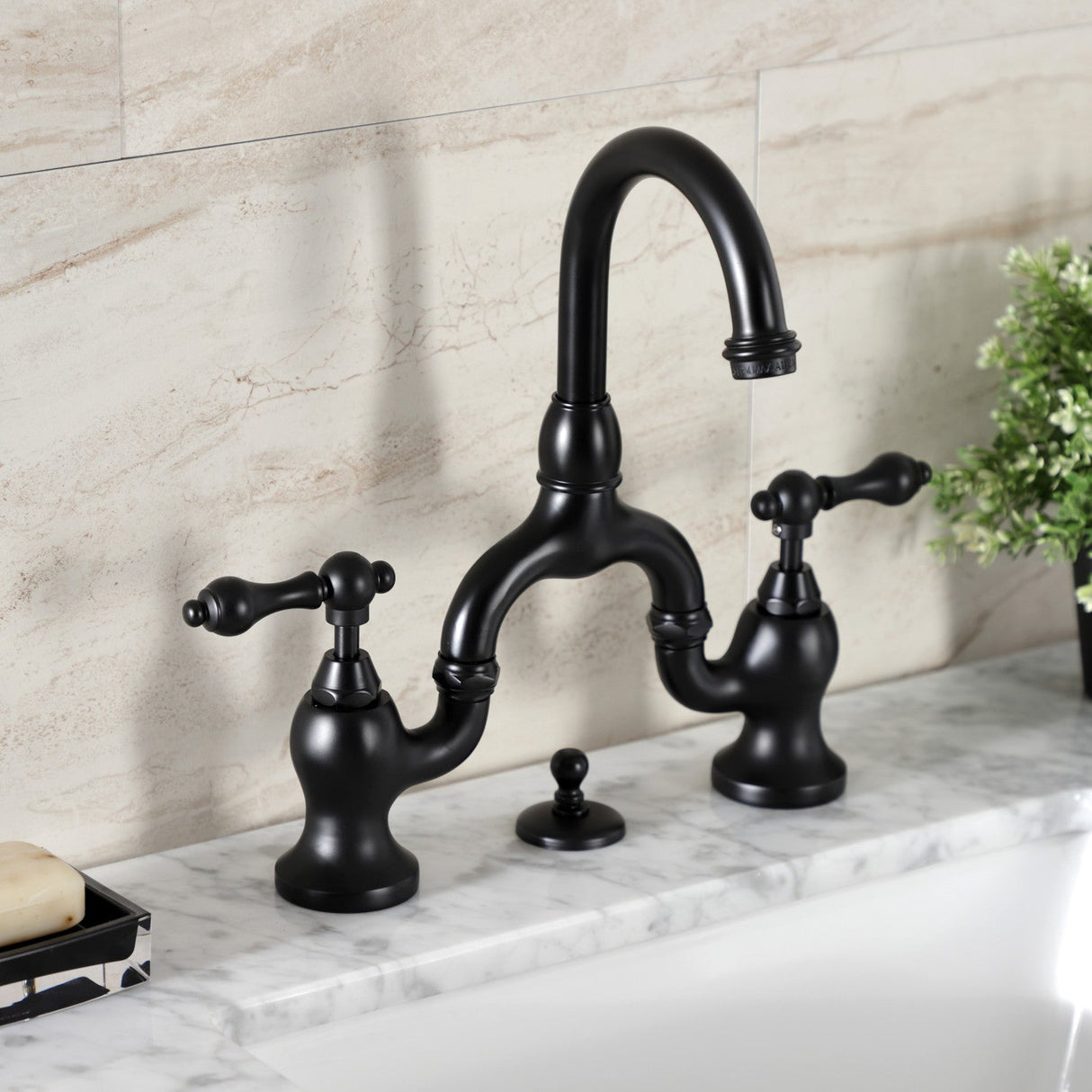 English Country KS7990AL Two-Handle 3-Hole Deck Mount Bridge Bathroom Faucet with Brass Pop-Up, Matte Black