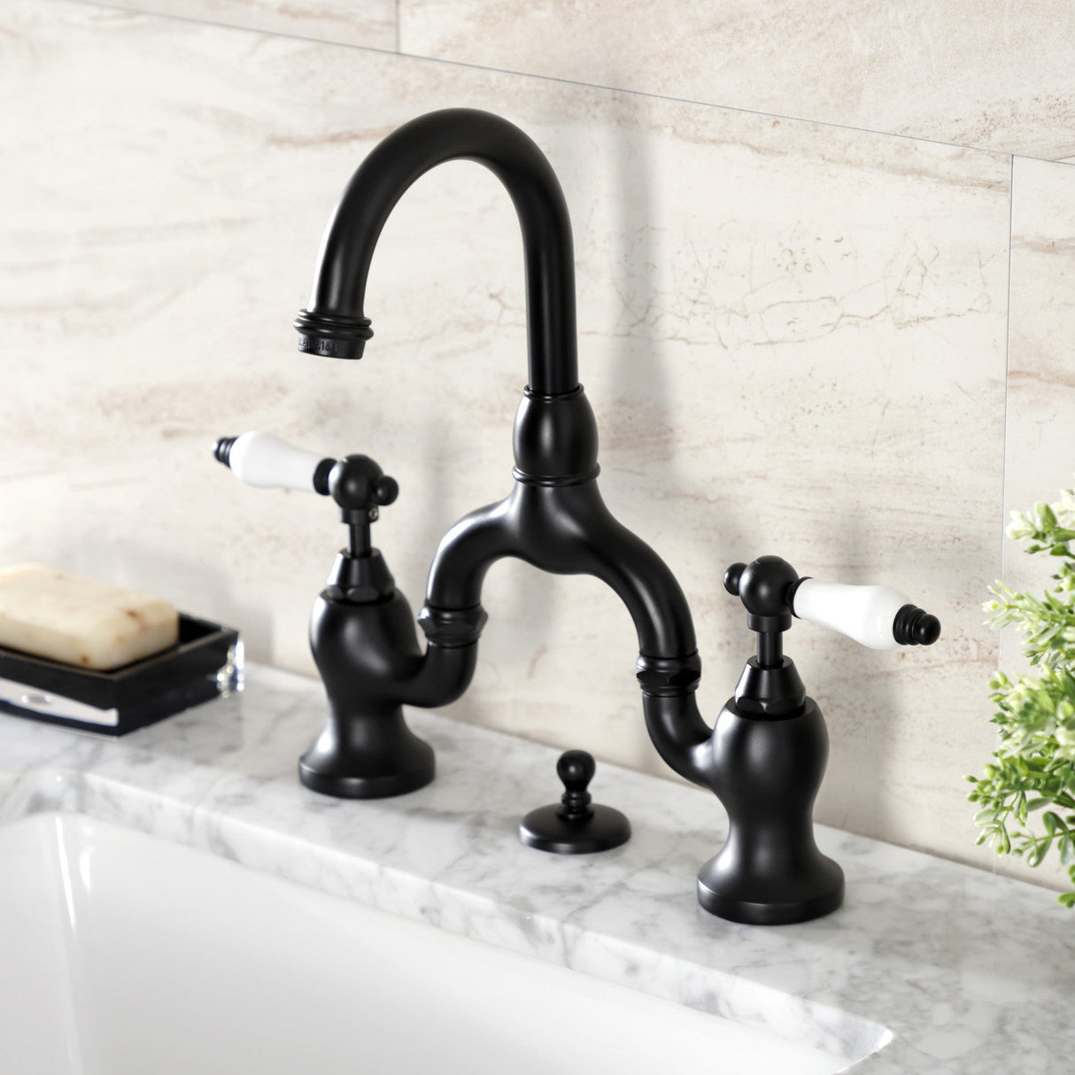 English Country KS7990PL Two-Handle 3-Hole Deck Mount Bridge Bathroom Faucet with Brass Pop-Up, Matte Black