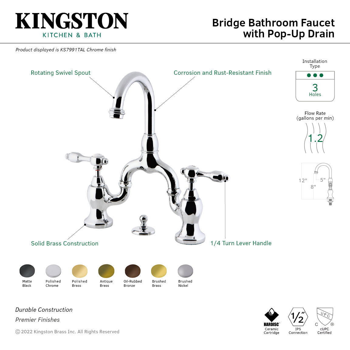 Tudor KS7990TAL Two-Handle 3-Hole Deck Mount Bridge Bathroom Faucet with Brass Pop-Up, Matte Black