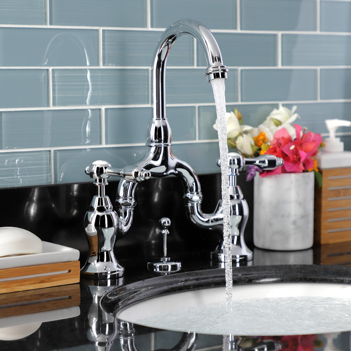 Tudor KS7991TAL Two-Handle 3-Hole Deck Mount Bridge Bathroom Faucet with Brass Pop-Up, Polished Chrome