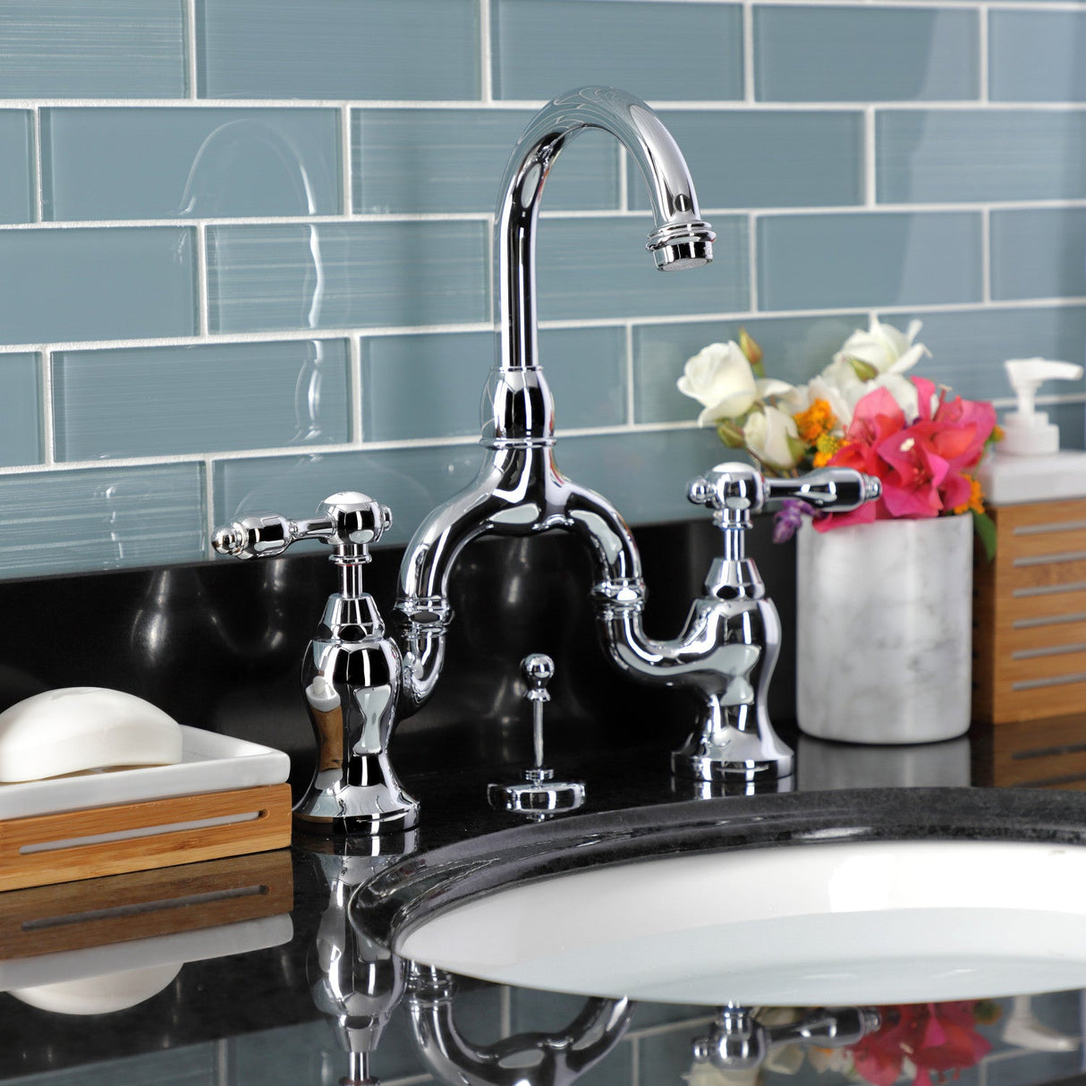 Tudor KS7991TAL Two-Handle 3-Hole Deck Mount Bridge Bathroom Faucet with Brass Pop-Up, Polished Chrome