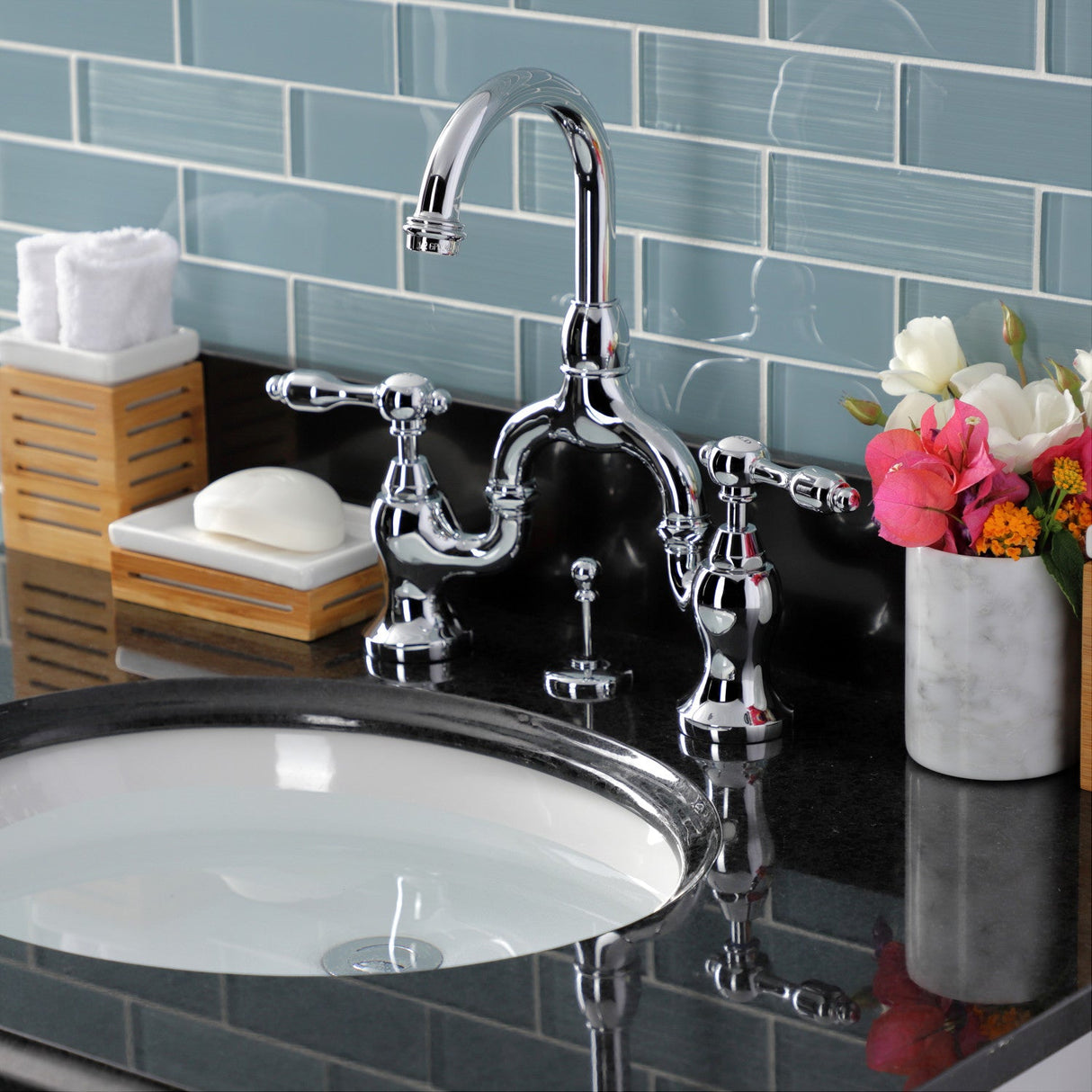 Tudor KS7991TAL Two-Handle 3-Hole Deck Mount Bridge Bathroom Faucet with Brass Pop-Up, Polished Chrome