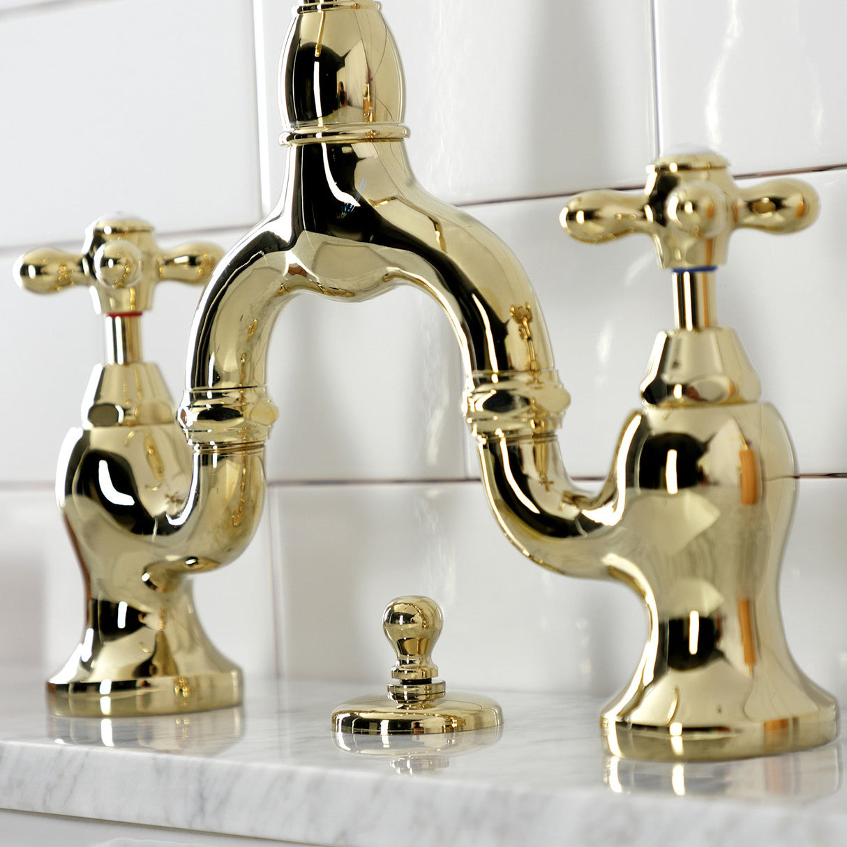English Country KS7992AX Two-Handle 3-Hole Deck Mount Bridge Bathroom Faucet with Brass Pop-Up, Polished Brass
