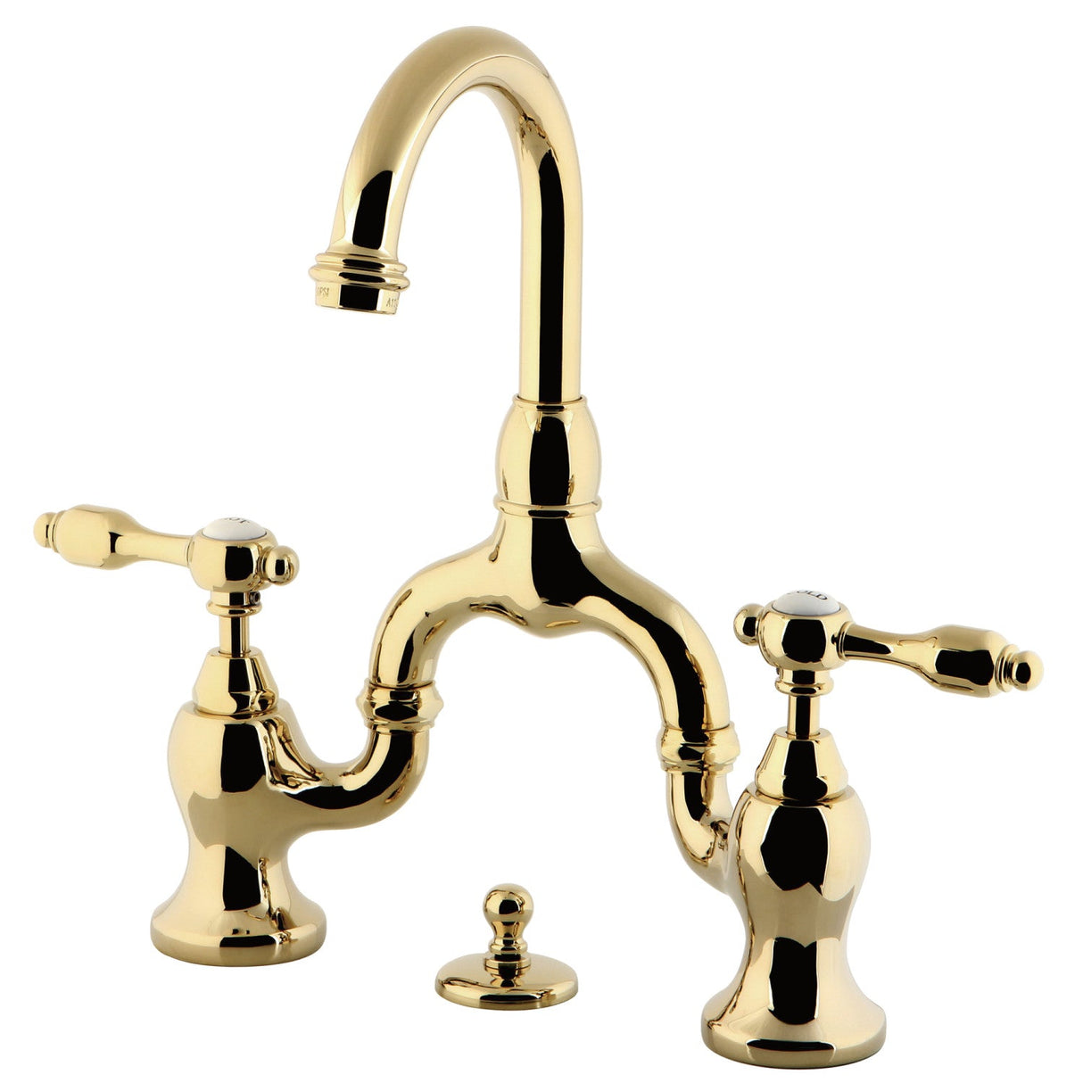 Tudor KS7992TAL Two-Handle 3-Hole Deck Mount Bridge Bathroom Faucet with Brass Pop-Up, Polished Brass