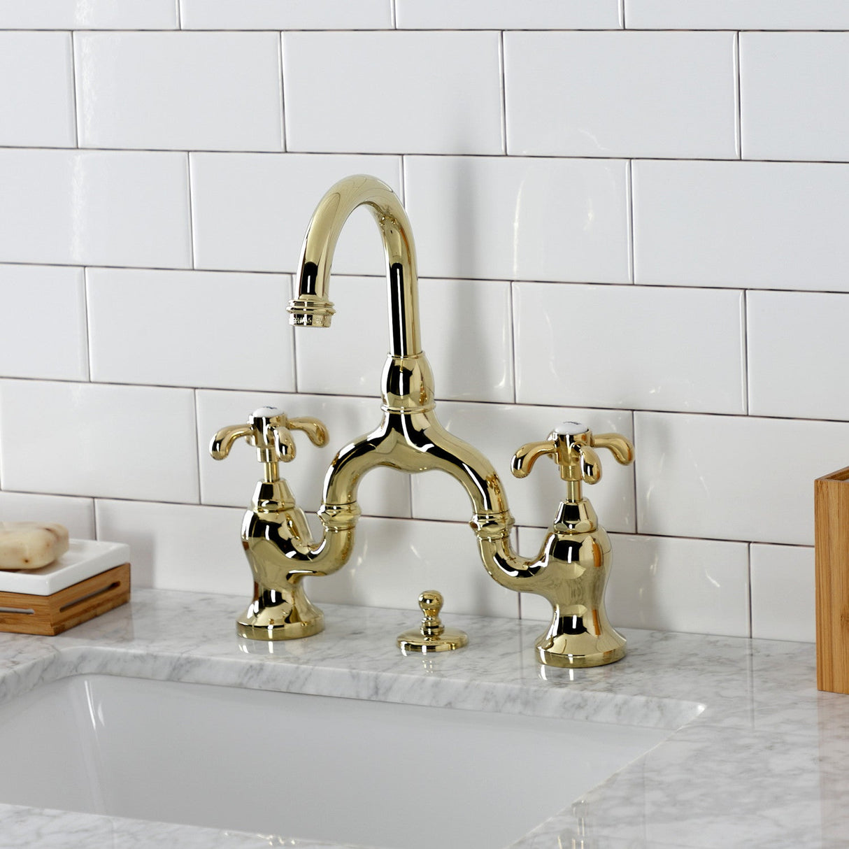 French Country KS7992TX Two-Handle 3-Hole Deck Mount Bridge Bathroom Faucet with Brass Pop-Up, Polished Brass