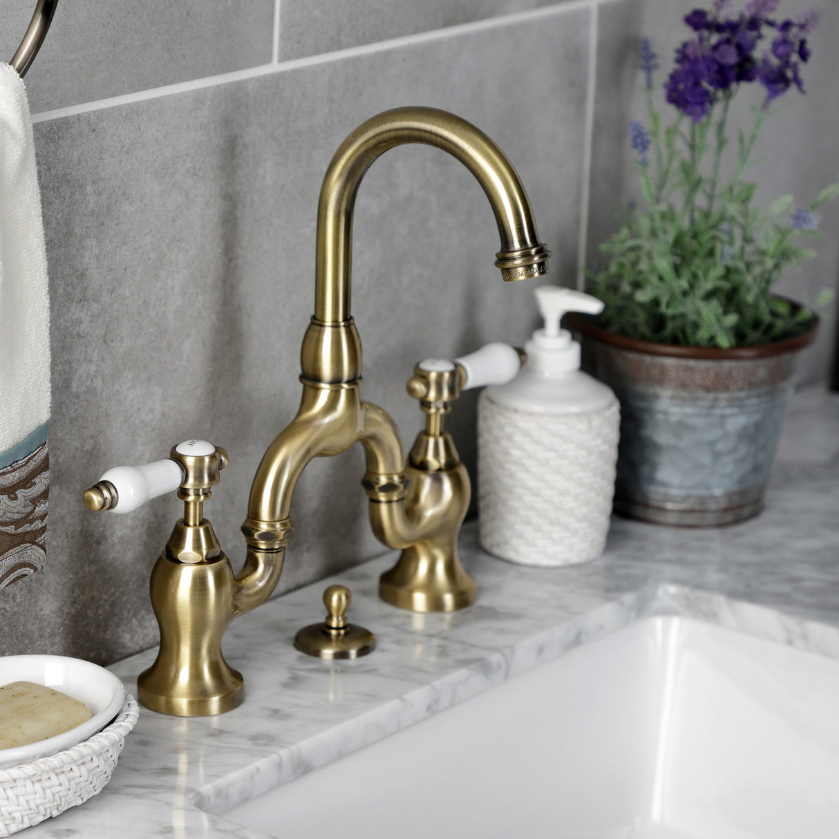 Bel-Air KS7993BPL Two-Handle 3-Hole Deck Mount Bridge Bathroom Faucet with Brass Pop-Up, Antique Brass