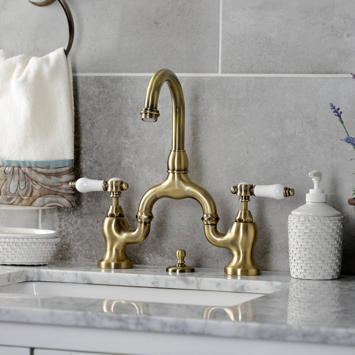 Bel-Air KS7993BPL Two-Handle 3-Hole Deck Mount Bridge Bathroom Faucet with Brass Pop-Up, Antique Brass