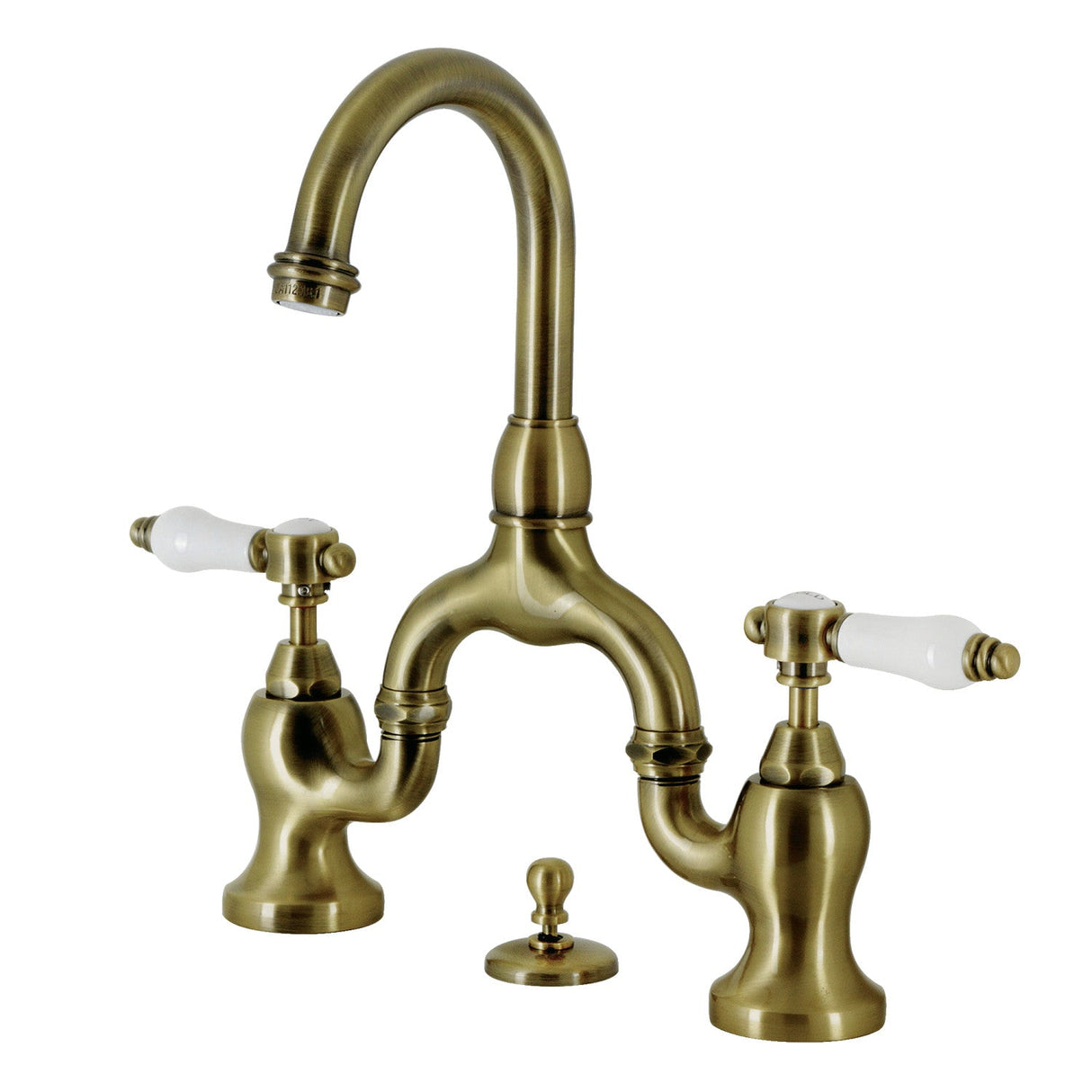 Bel-Air KS7993BPL Two-Handle 3-Hole Deck Mount Bridge Bathroom Faucet with Brass Pop-Up, Antique Brass