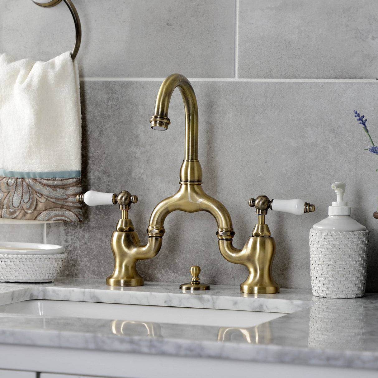 English Country KS7993PL Two-Handle 3-Hole Deck Mount Bridge Bathroom Faucet with Brass Pop-Up, Antique Brass