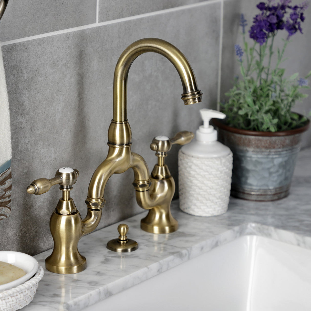 Tudor KS7993TAL Two-Handle 3-Hole Deck Mount Bridge Bathroom Faucet with Brass Pop-Up, Antique Brass