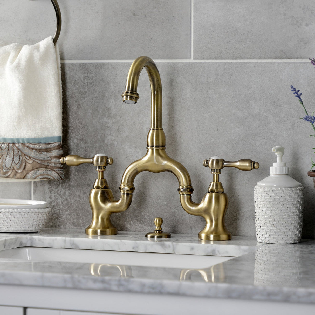 Tudor KS7993TAL Two-Handle 3-Hole Deck Mount Bridge Bathroom Faucet with Brass Pop-Up, Antique Brass