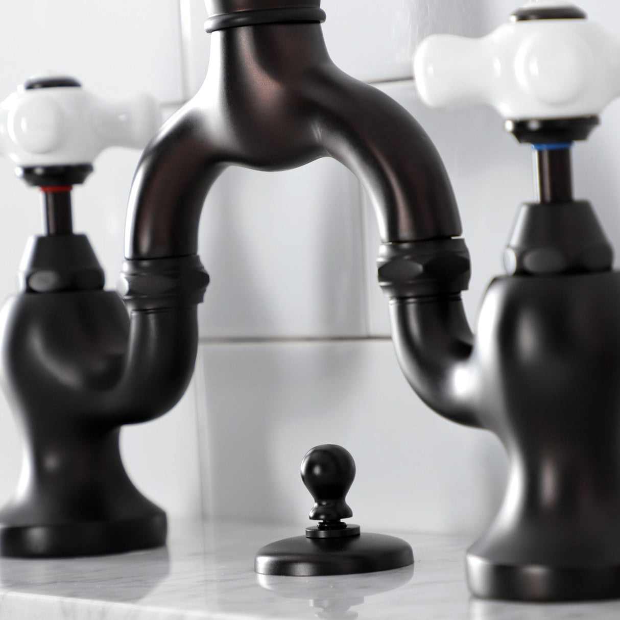 English Country KS7995PX Two-Handle 3-Hole Deck Mount Bridge Bathroom Faucet with Brass Pop-Up, Oil Rubbed Bronze