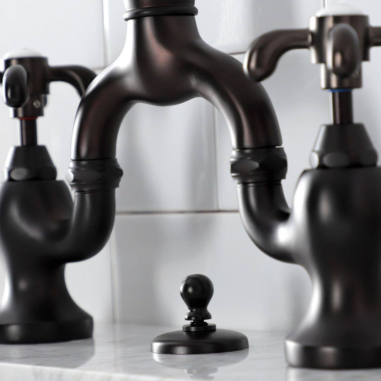 French Country KS7995TX Two-Handle 3-Hole Deck Mount Bridge Bathroom Faucet with Brass Pop-Up, Oil Rubbed Bronze