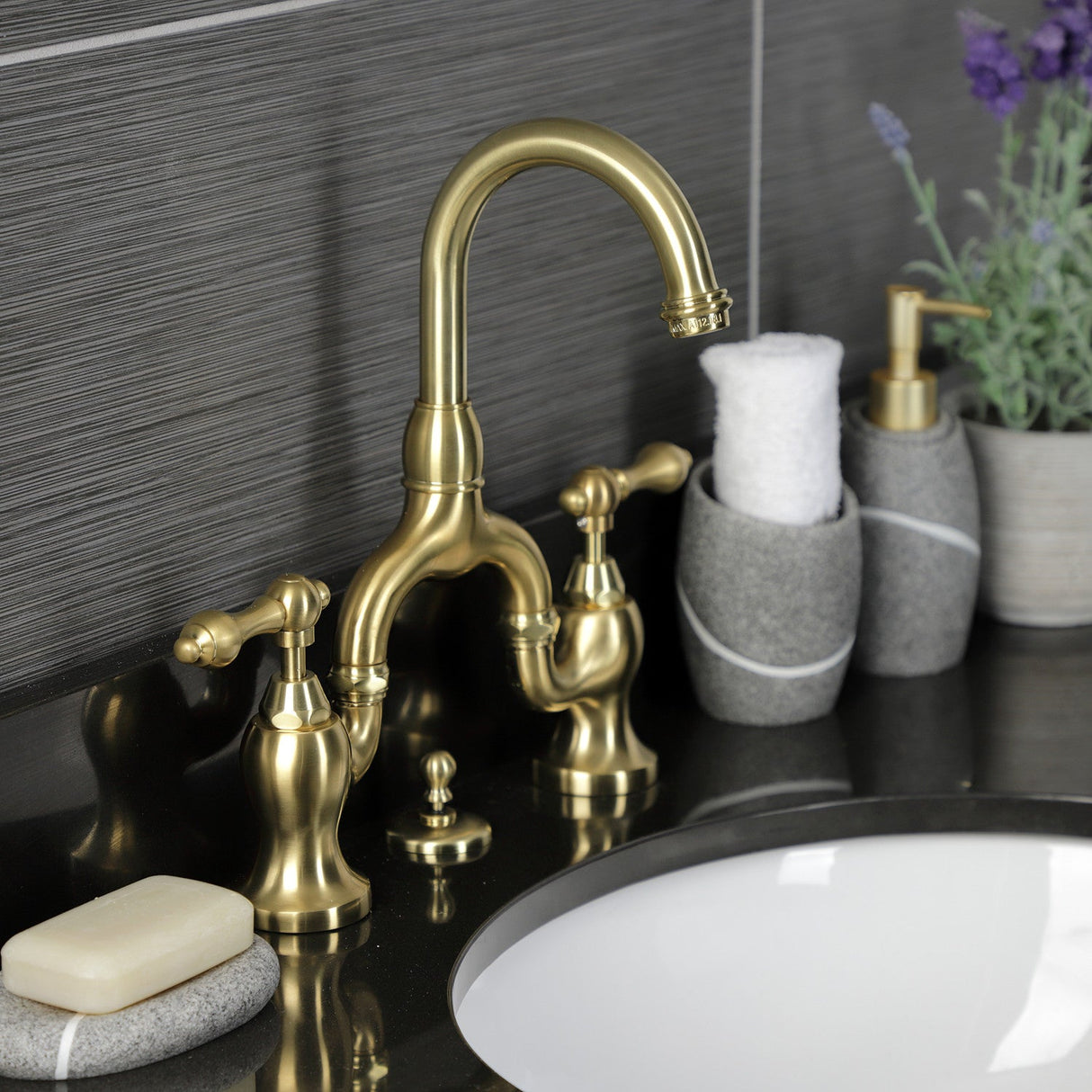 English Country KS7997AL Two-Handle 3-Hole Deck Mount Bridge Bathroom Faucet with Brass Pop-Up, Brushed Brass