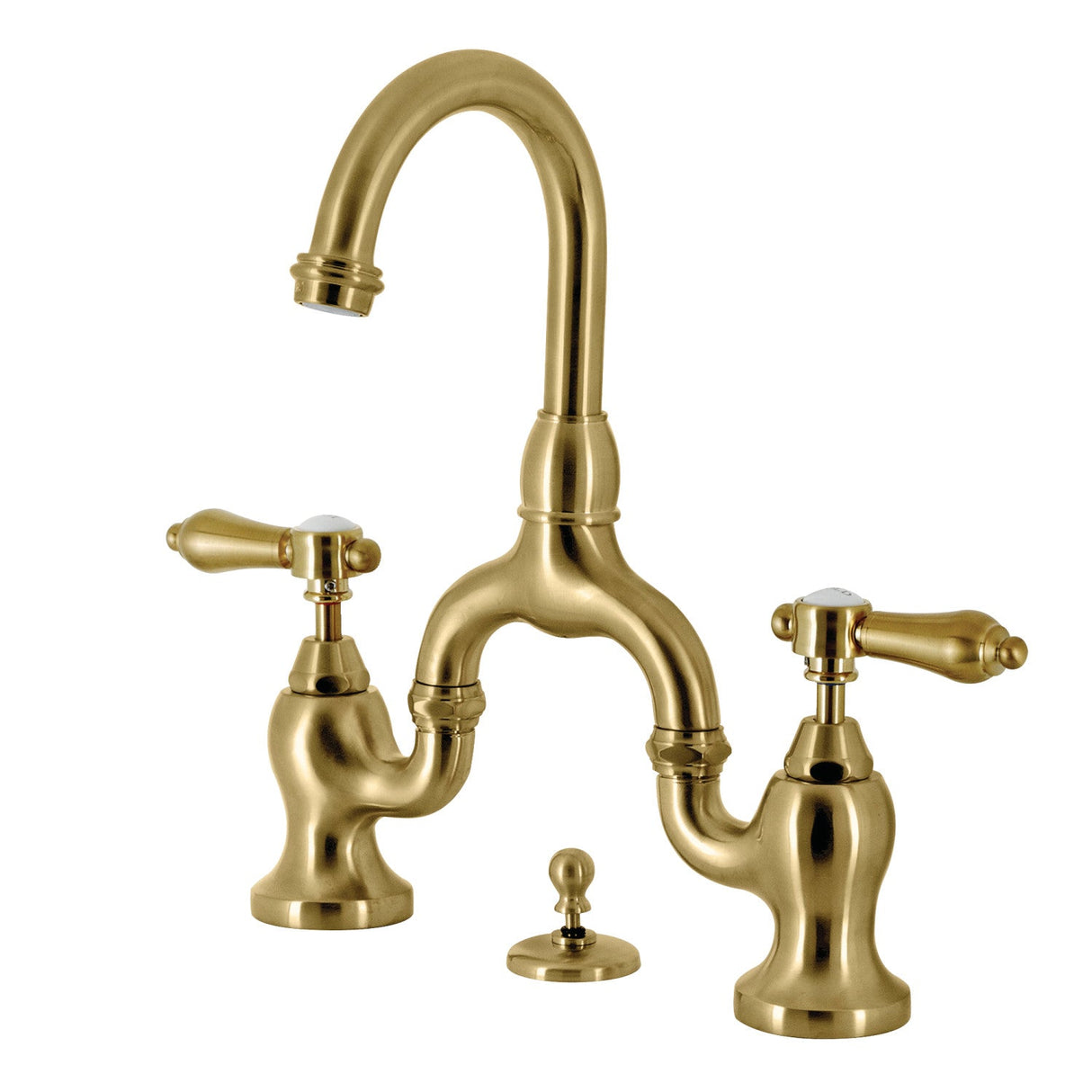 Heirloom KS7997BAL Two-Handle 3-Hole Deck Mount Bridge Bathroom Faucet with Brass Pop-Up, Brushed Brass