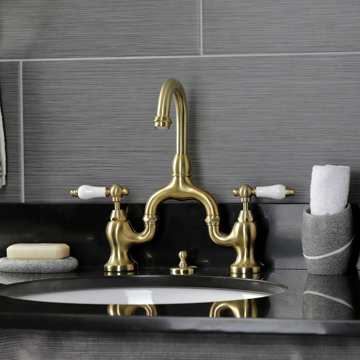 English Country KS7997PL Two-Handle 3-Hole Deck Mount Bridge Bathroom Faucet with Brass Pop-Up, Brushed Brass