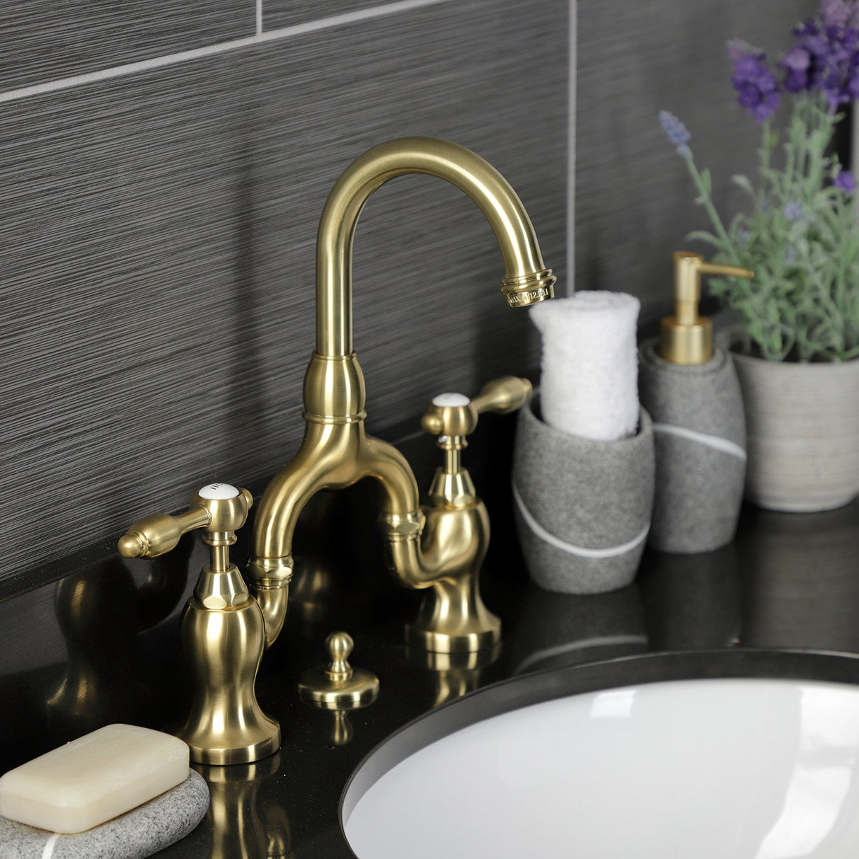 Tudor KS7997TAL Two-Handle 3-Hole Deck Mount Bridge Bathroom Faucet with Brass Pop-Up, Brushed Brass