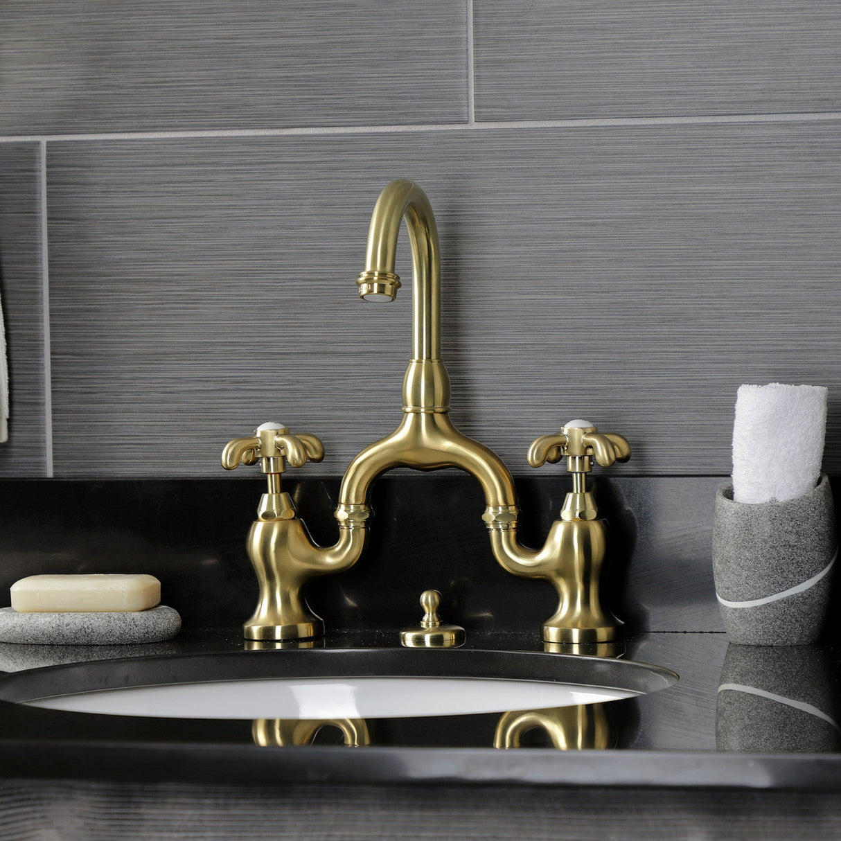 French Country KS7997TX Two-Handle 3-Hole Deck Mount Bridge Bathroom Faucet with Brass Pop-Up, Brushed Brass