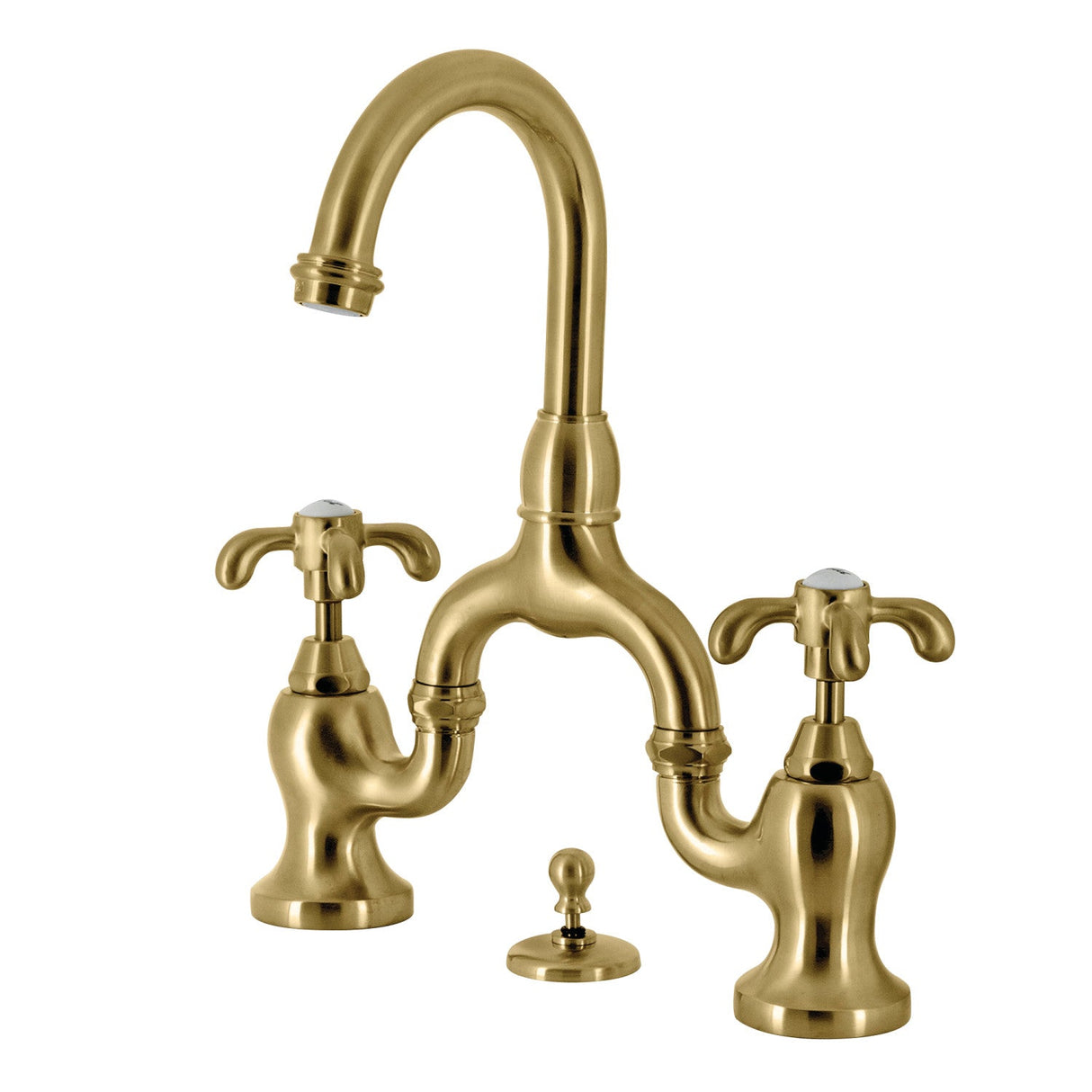 French Country KS7997TX Two-Handle 3-Hole Deck Mount Bridge Bathroom Faucet with Brass Pop-Up, Brushed Brass