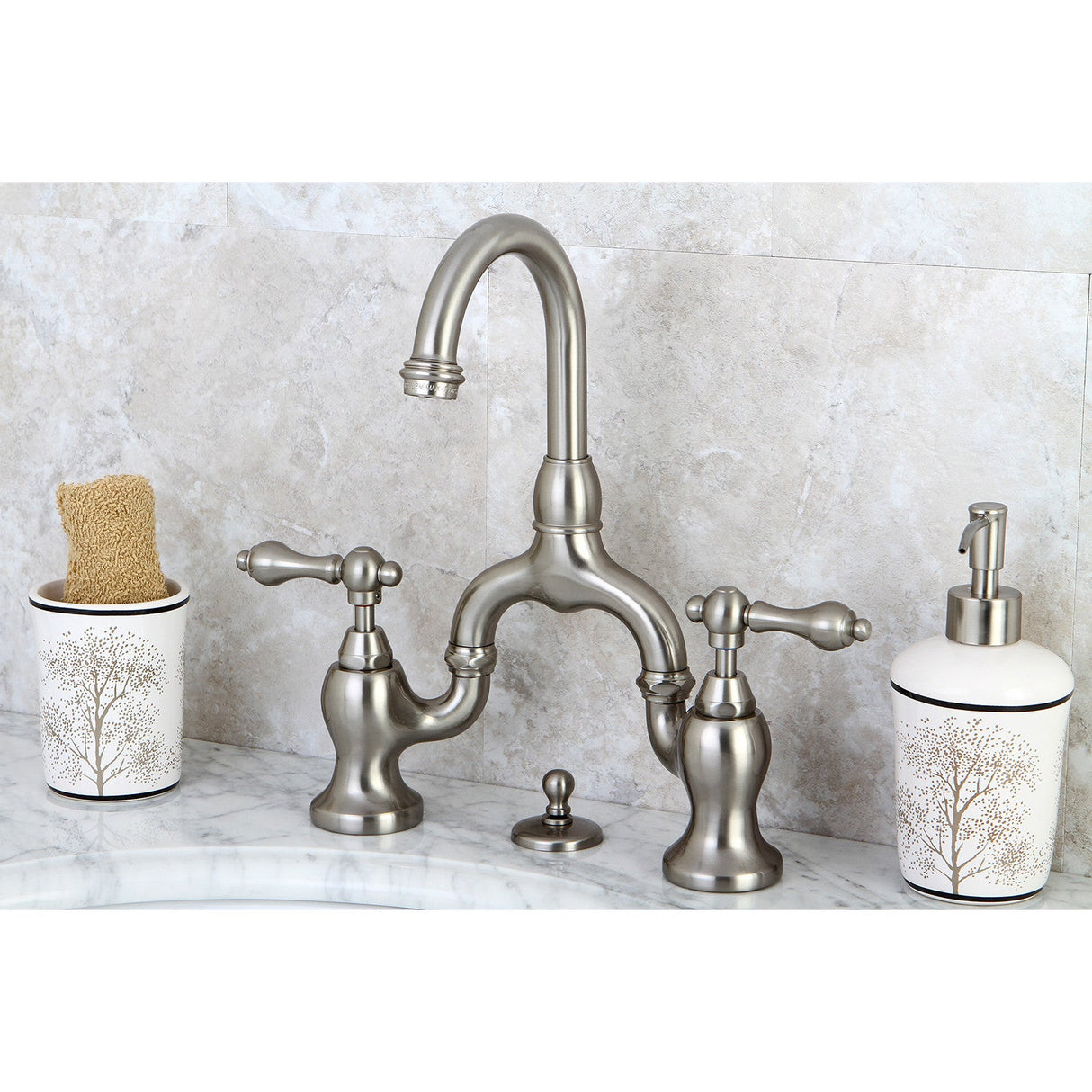 English Country KS7998AL Two-Handle 3-Hole Deck Mount Bridge Bathroom Faucet with Brass Pop-Up, Brushed Nickel