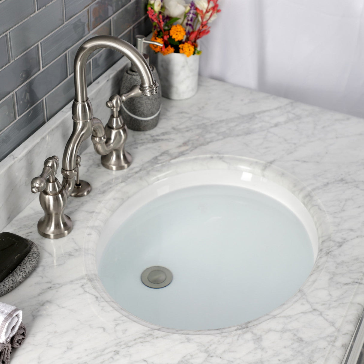 English Country KS7998AL Two-Handle 3-Hole Deck Mount Bridge Bathroom Faucet with Brass Pop-Up, Brushed Nickel