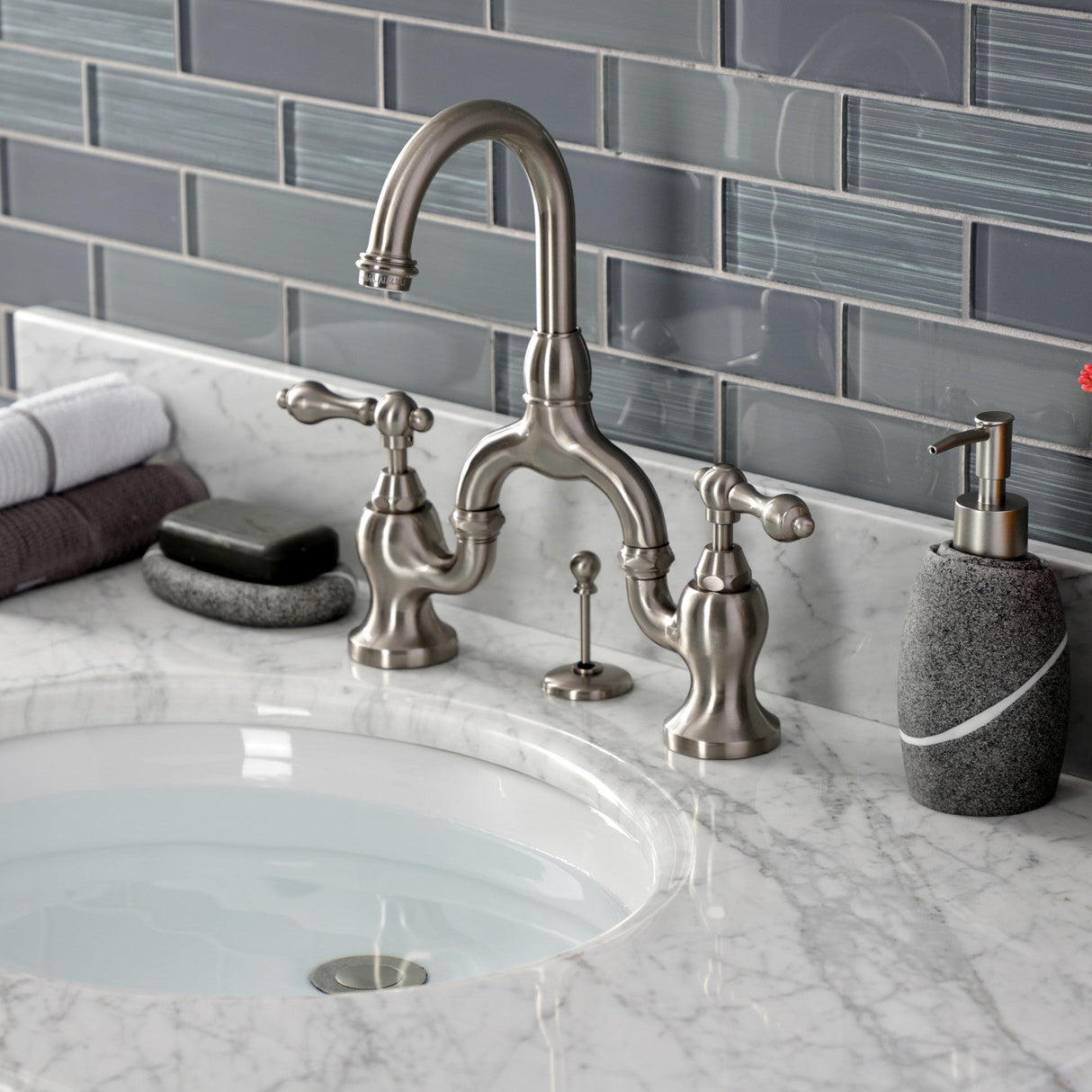 English Country KS7998AL Two-Handle 3-Hole Deck Mount Bridge Bathroom Faucet with Brass Pop-Up, Brushed Nickel