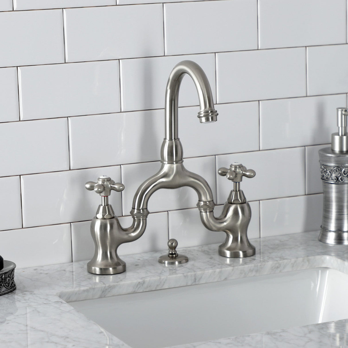 English Country KS7998AX Two-Handle 3-Hole Deck Mount Bridge Bathroom Faucet with Brass Pop-Up, Brushed Nickel