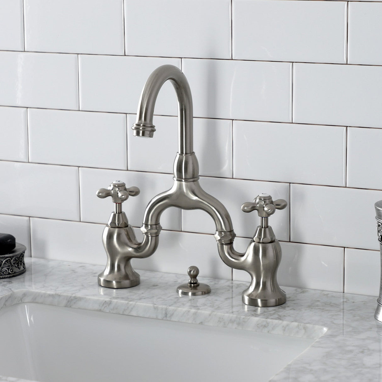 English Country KS7998AX Two-Handle 3-Hole Deck Mount Bridge Bathroom Faucet with Brass Pop-Up, Brushed Nickel