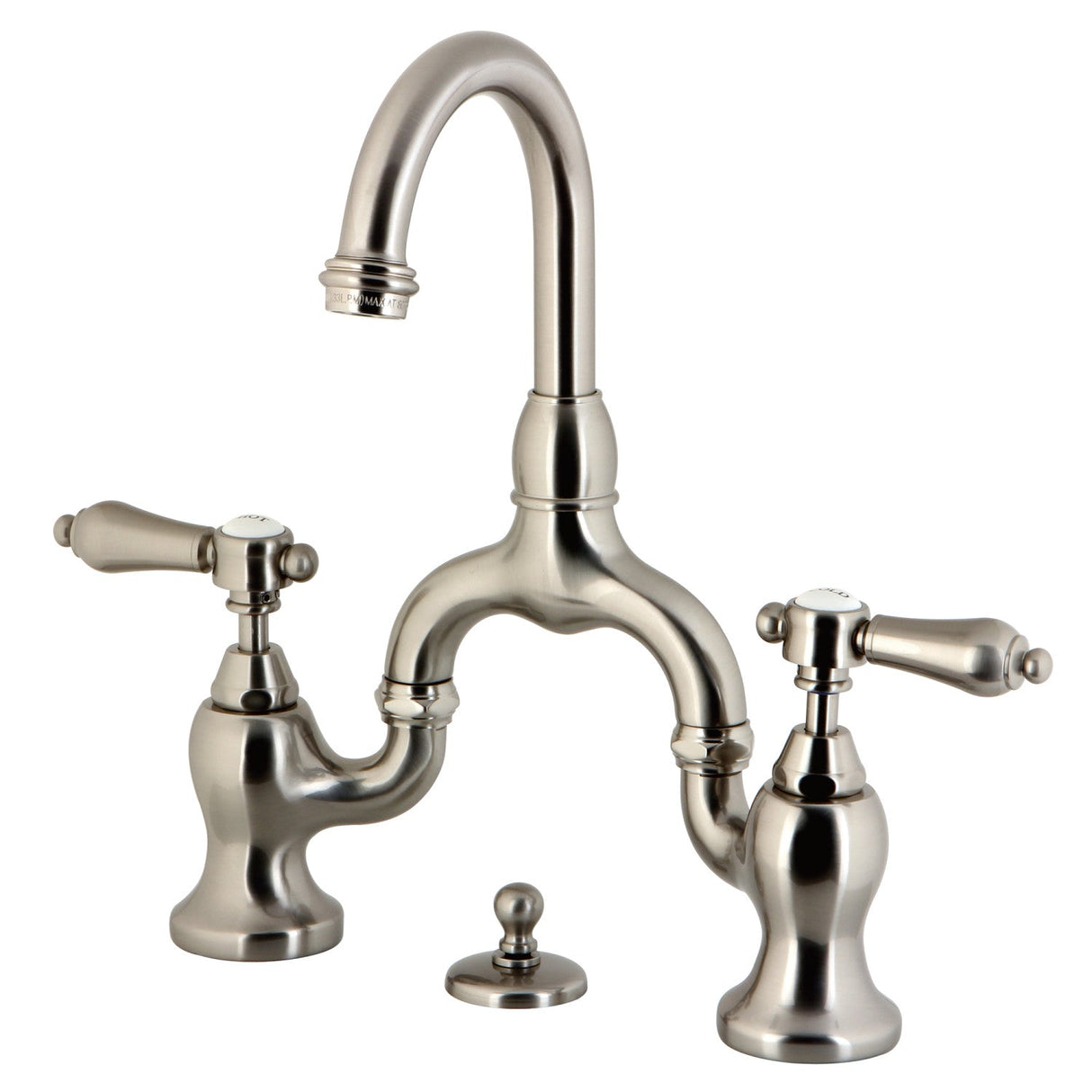 Heirloom KS7998BAL Two-Handle 3-Hole Deck Mount Bridge Bathroom Faucet with Brass Pop-Up, Brushed Nickel