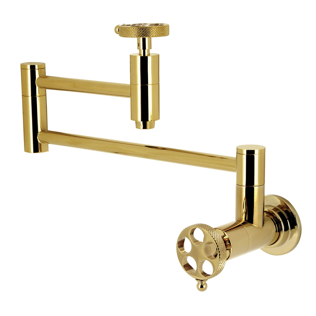 Webb KS8102RKX Two-Handle 1-Hole Wall Mount Pot Filler with Knurled Handle, Polished Brass