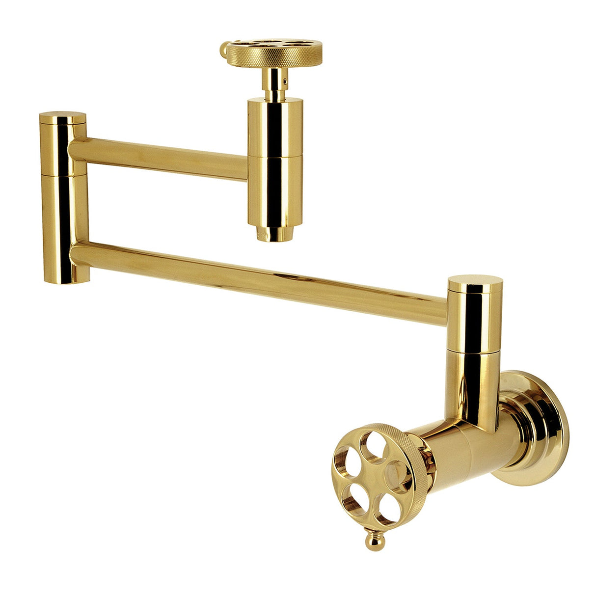 Wendell KS8102RKZ Two-Handle 1-Hole Wall Mount Pot Filler with Knurled Handle, Polished Brass