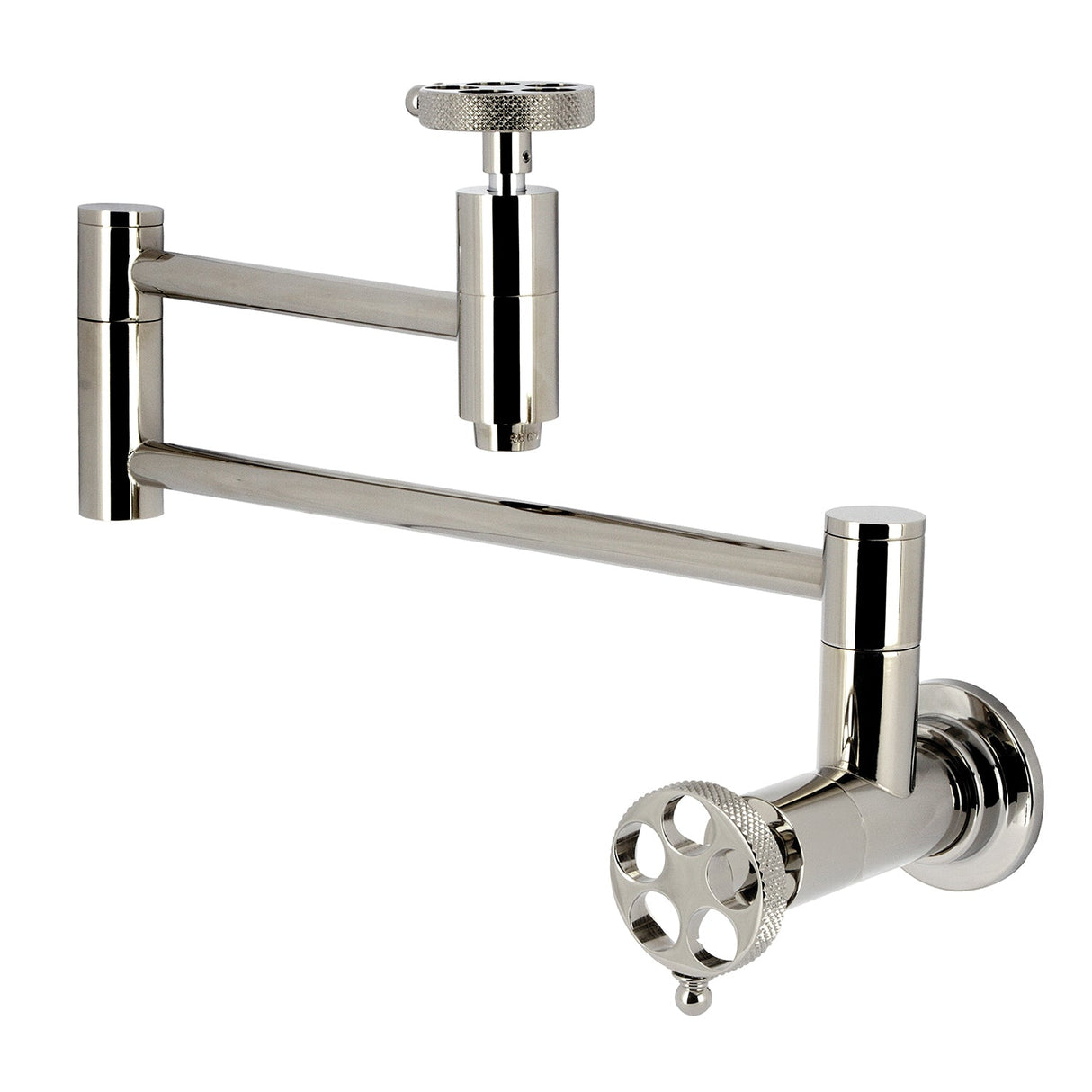 Webb KS8106RKX Two-Handle 1-Hole Wall Mount Pot Filler with Knurled Handle, Polished Nickel