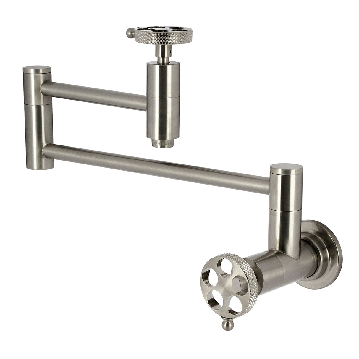 Webb KS8108RKX Two-Handle 1-Hole Wall Mount Pot Filler with Knurled Handle, Brushed Nickel