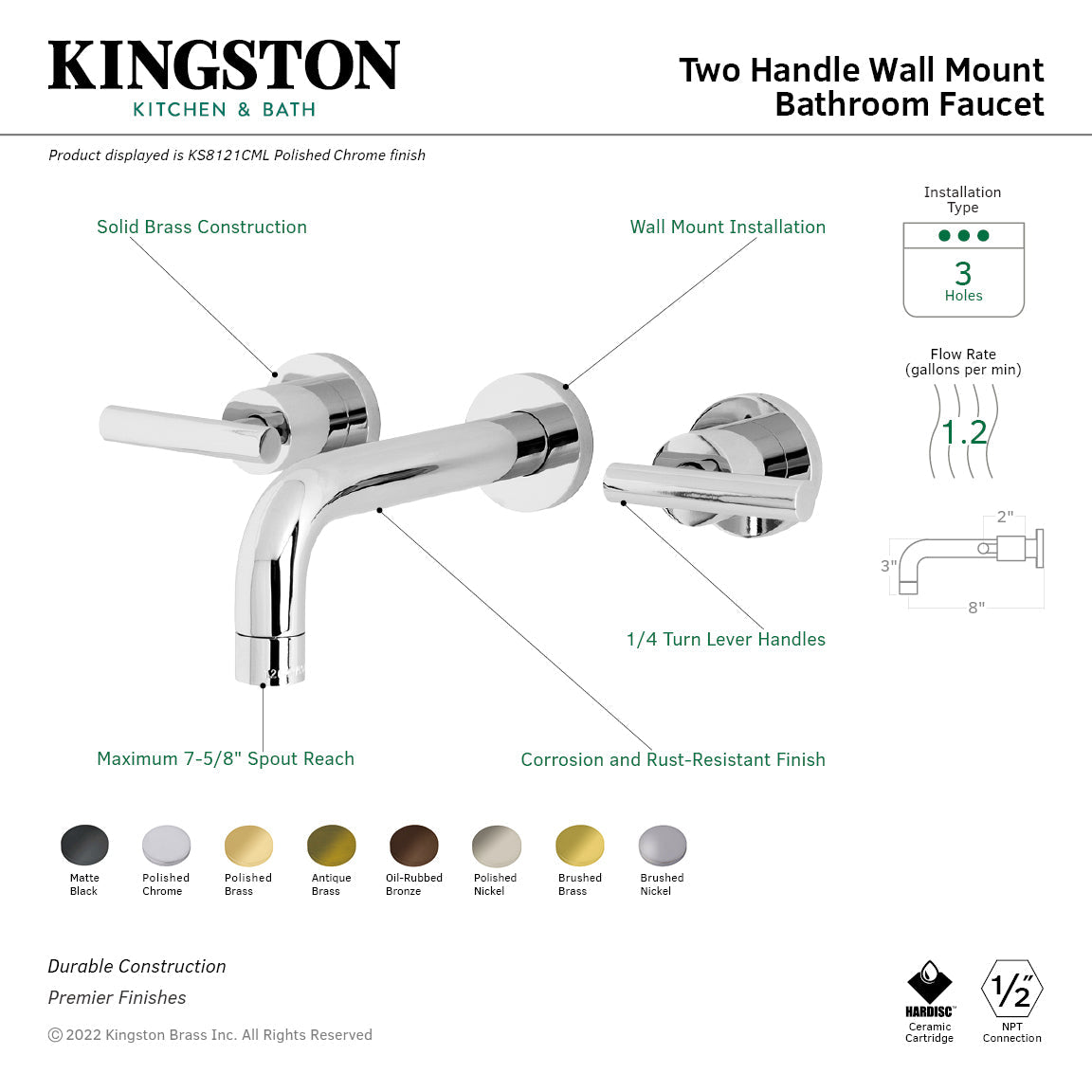 Manhattan KS8121CML Two-Handle 3-Hole Wall Mount Bathroom Faucet, Polished Chrome