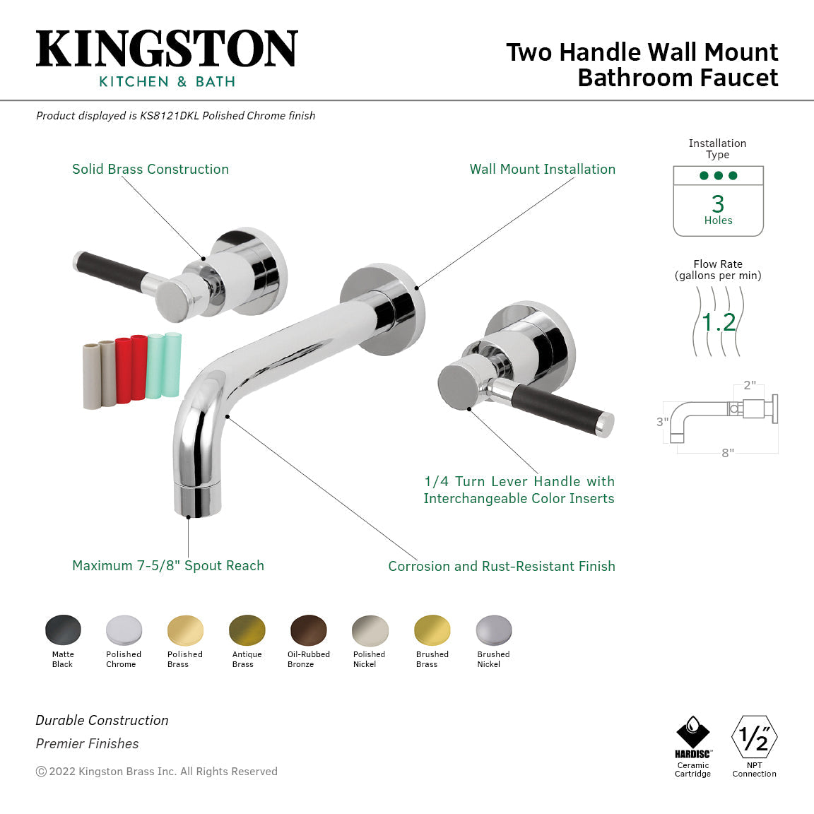 Kaiser KS8125DKL Two-Handle 3-Hole Wall Mount Bathroom Faucet, Oil Rubbed Bronze