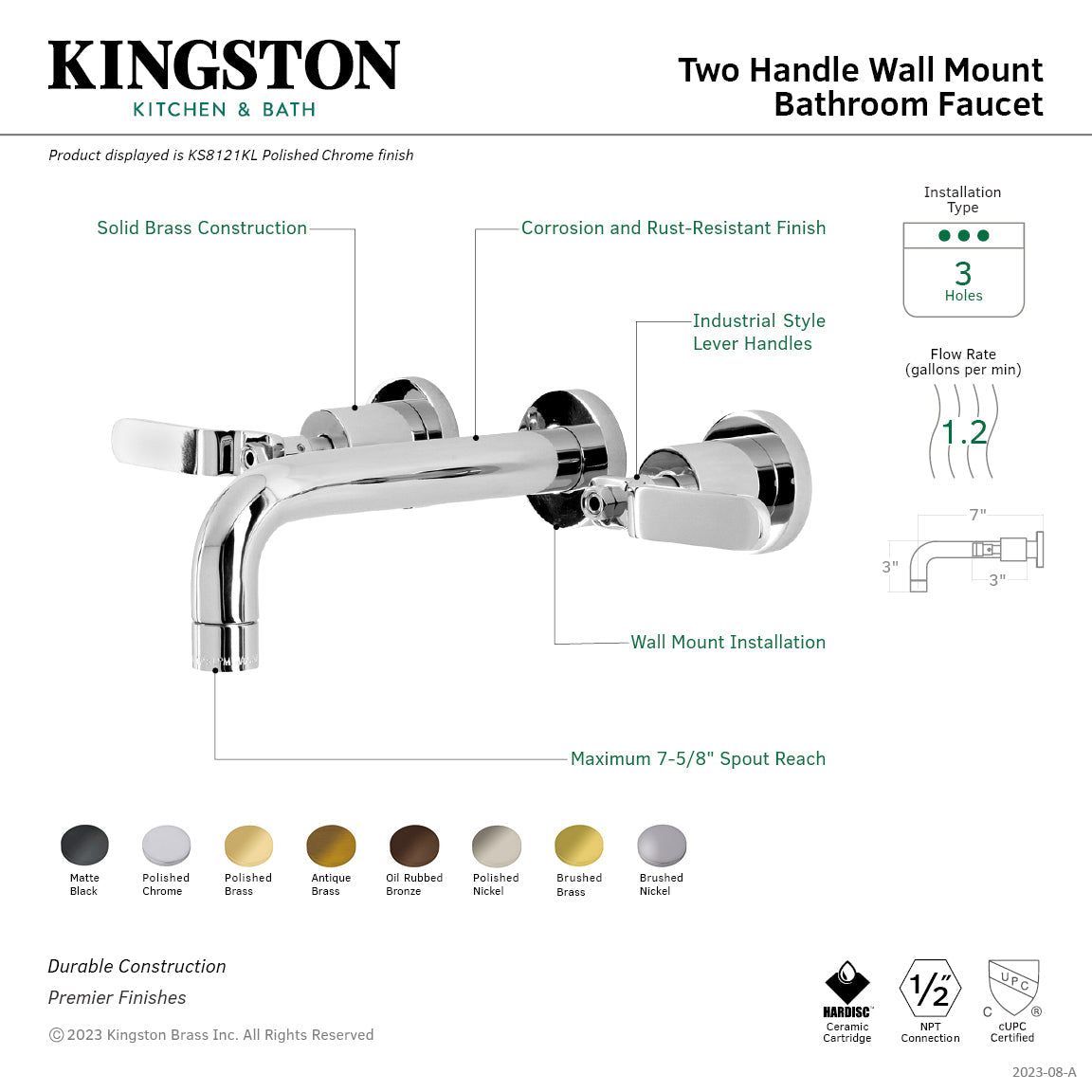 Whitaker KS8125KL Two-Handle 3-Hole Wall Mount Bathroom Faucet, Oil Rubbed Bronze