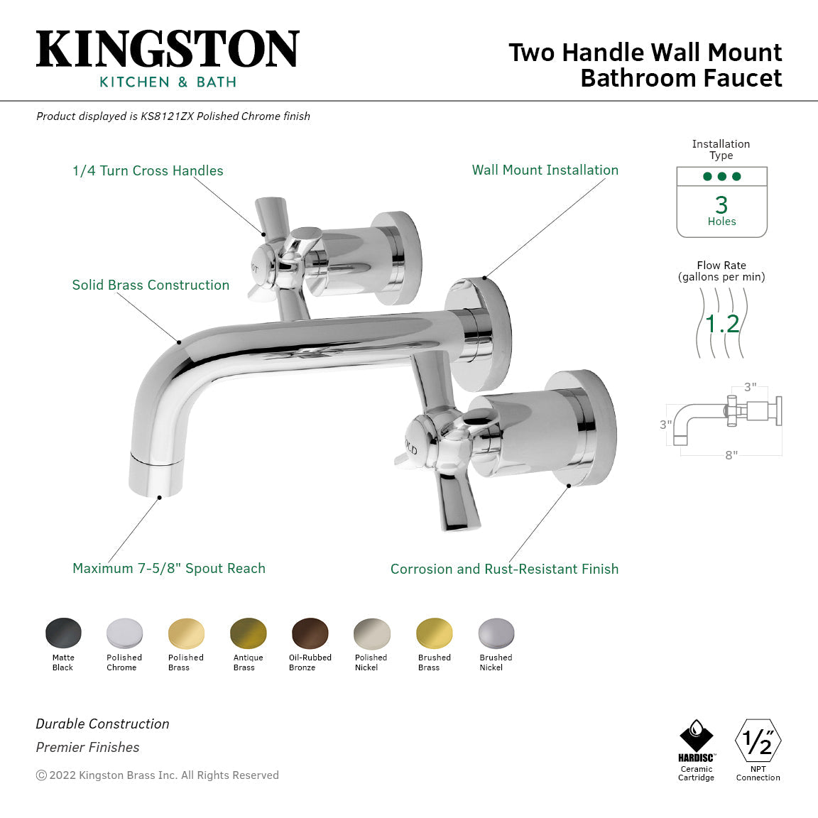 Millennium KS8128ZX Two-Handle 3-Hole Wall Mount Bathroom Faucet, Brushed Nickel
