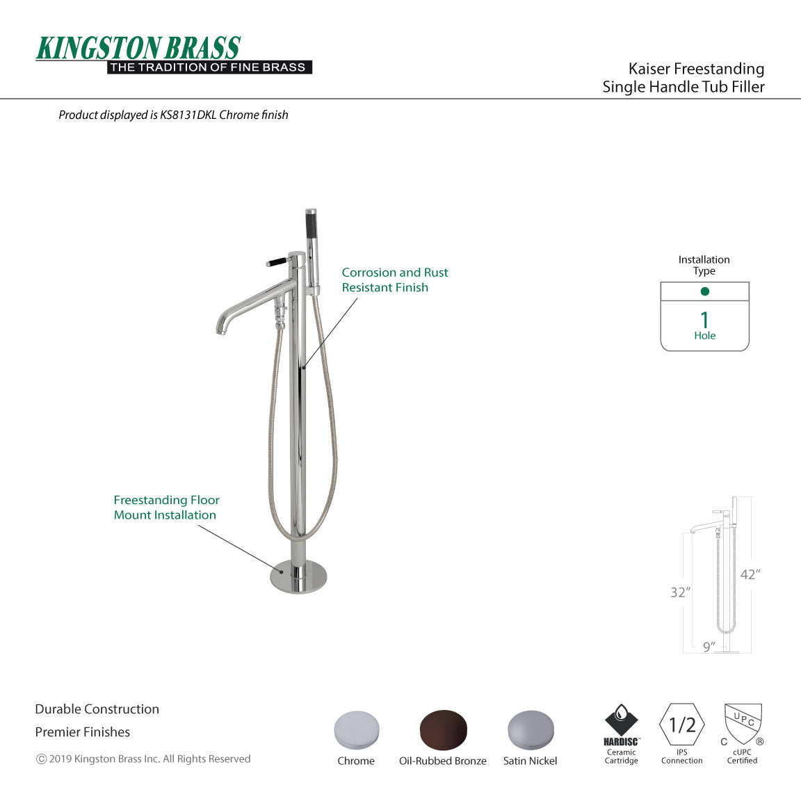 Kaiser KS8131DKL Single-Handle 1-Hole Freestanding Tub Faucet with Hand Shower, Polished Chrome