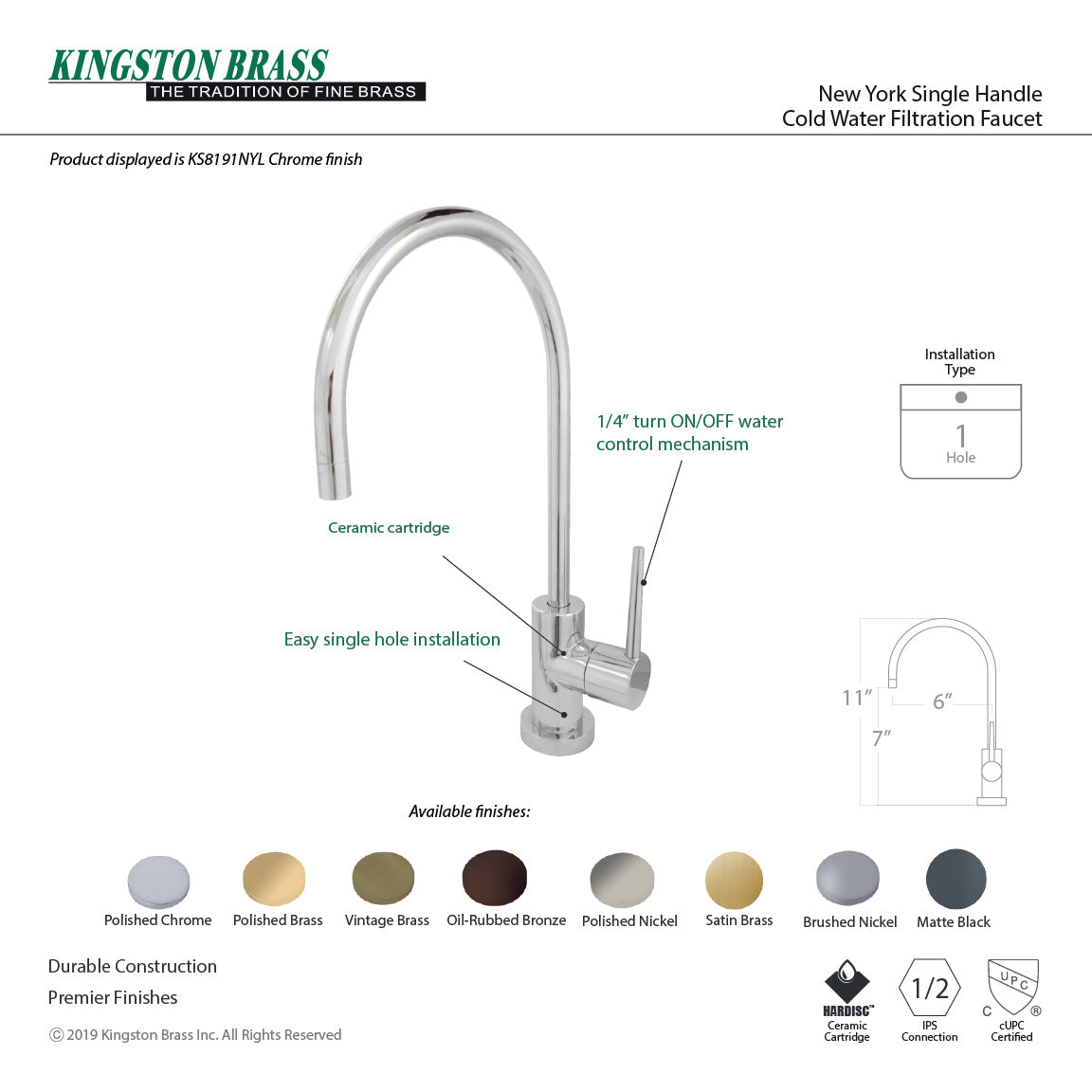 New York KS8192NYL Single-Handle 1-Hole Deck Mount Water Filtration Faucet, Polished Brass