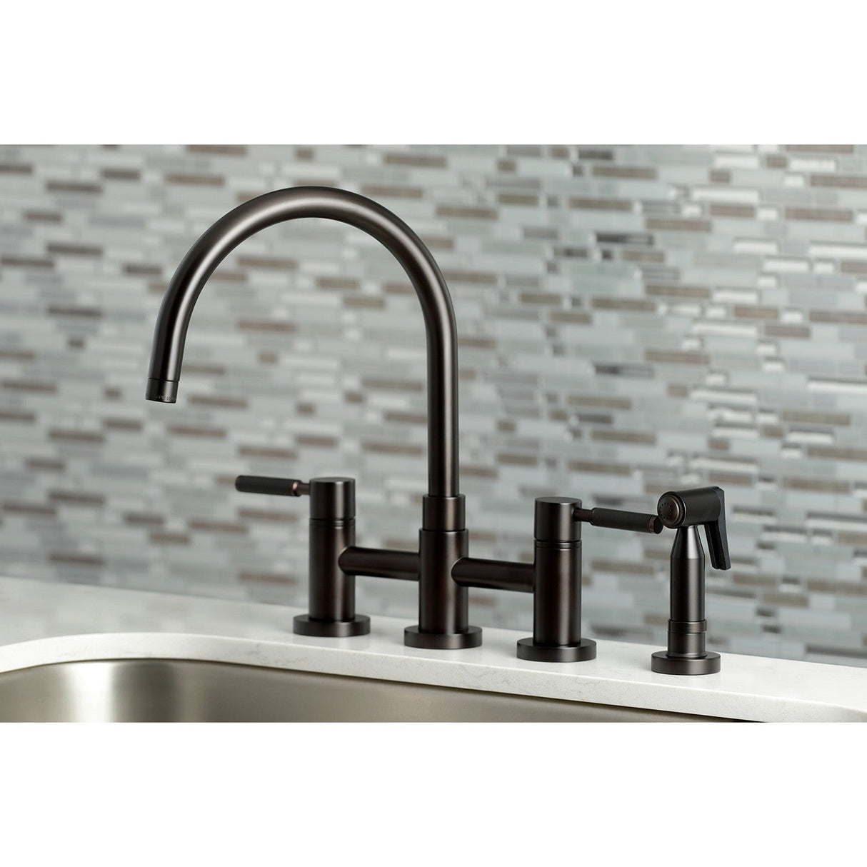 Kaiser KS8275DKLBS Two-Handle 4-Hole Deck Mount Bridge Kitchen Faucet with Brass Sprayer, Oil Rubbed Bronze