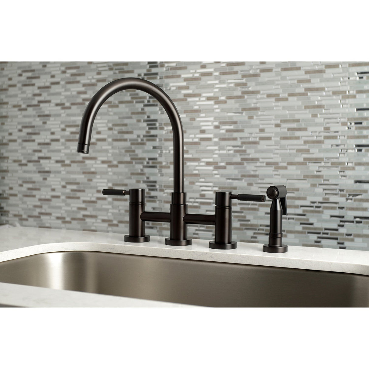 Kaiser KS8275DKLBS Two-Handle 4-Hole Deck Mount Bridge Kitchen Faucet with Brass Sprayer, Oil Rubbed Bronze