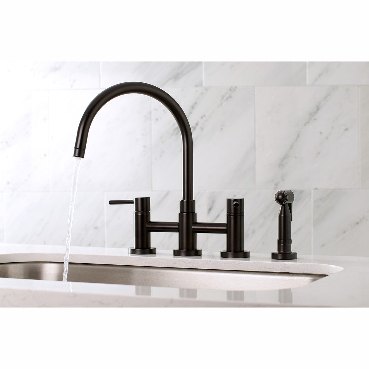 Concord KS8275DLBS Two-Handle 4-Hole Deck Mount Bridge Kitchen Faucet with Brass Sprayer, Oil Rubbed Bronze