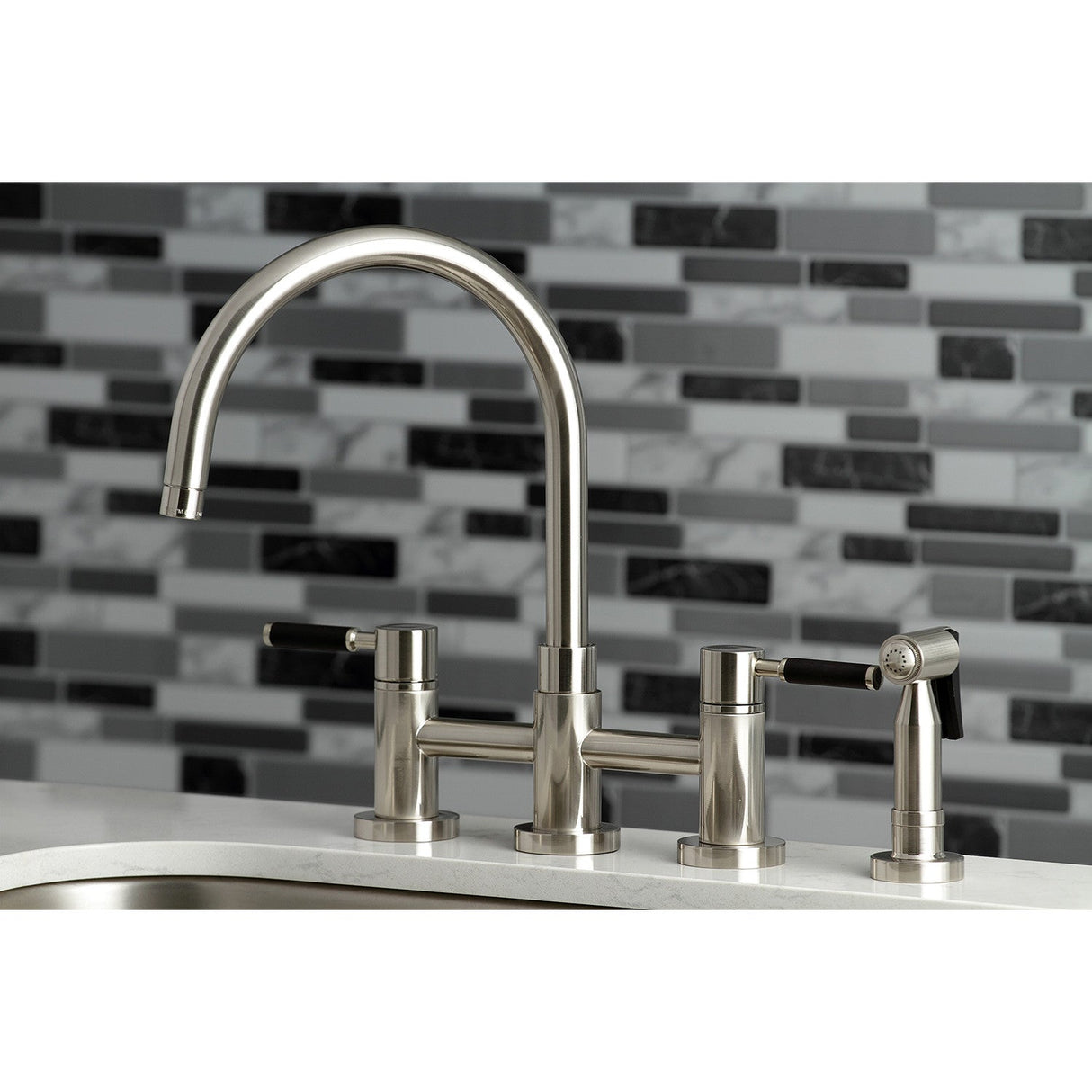 Kaiser KS8278DKLBS Two-Handle 4-Hole Deck Mount Bridge Kitchen Faucet with Brass Sprayer, Brushed Nickel