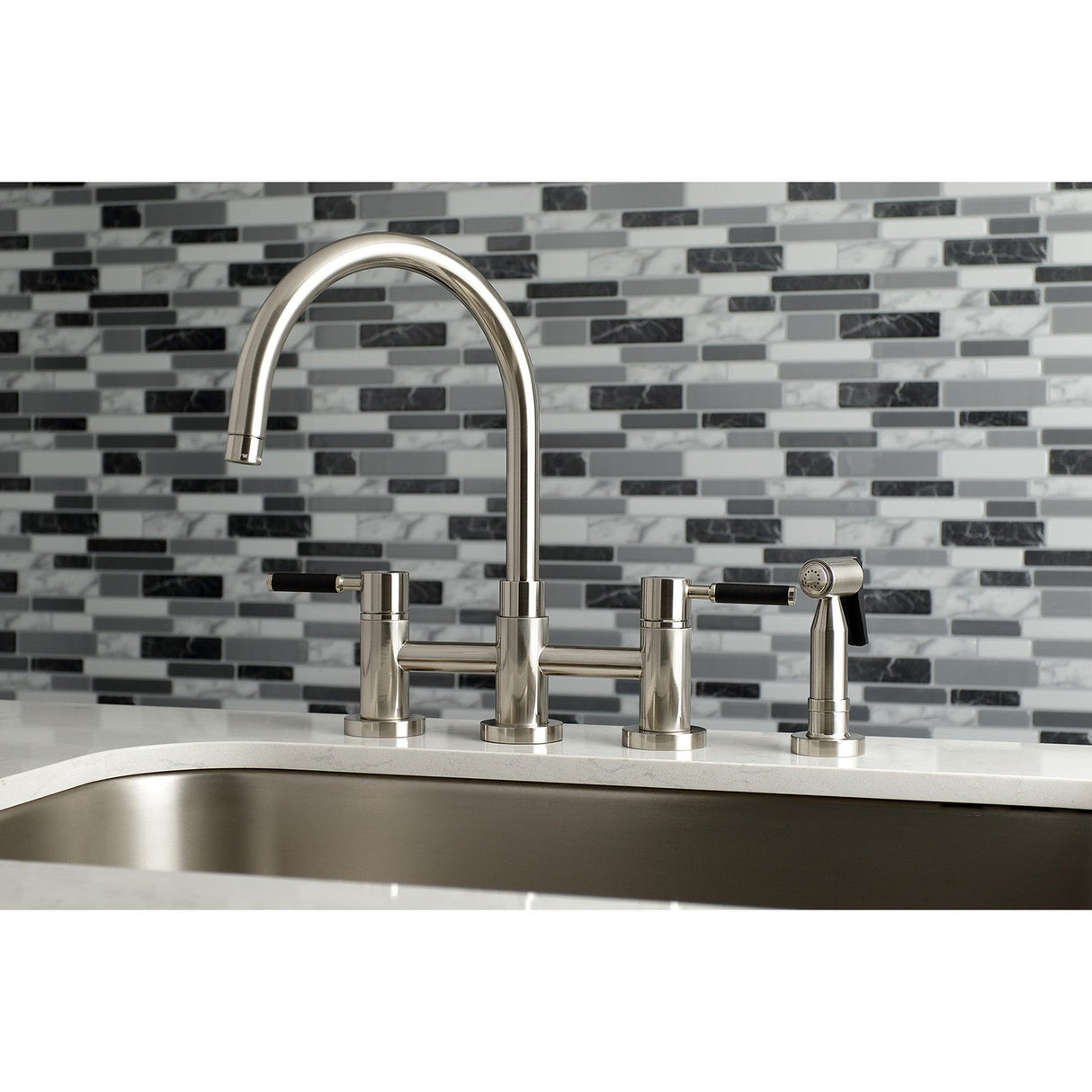 Kaiser KS8278DKLBS Two-Handle 4-Hole Deck Mount Bridge Kitchen Faucet with Brass Sprayer, Brushed Nickel