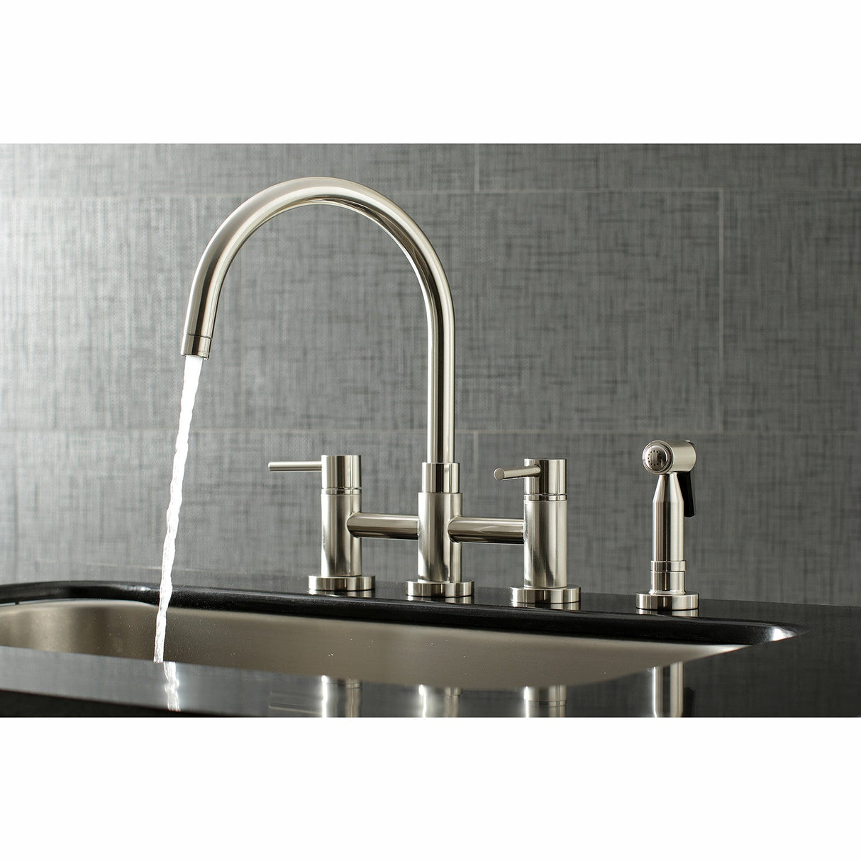 Concord KS8278DLBS Two-Handle 4-Hole Deck Mount Bridge Kitchen Faucet with Brass Sprayer, Brushed Nickel