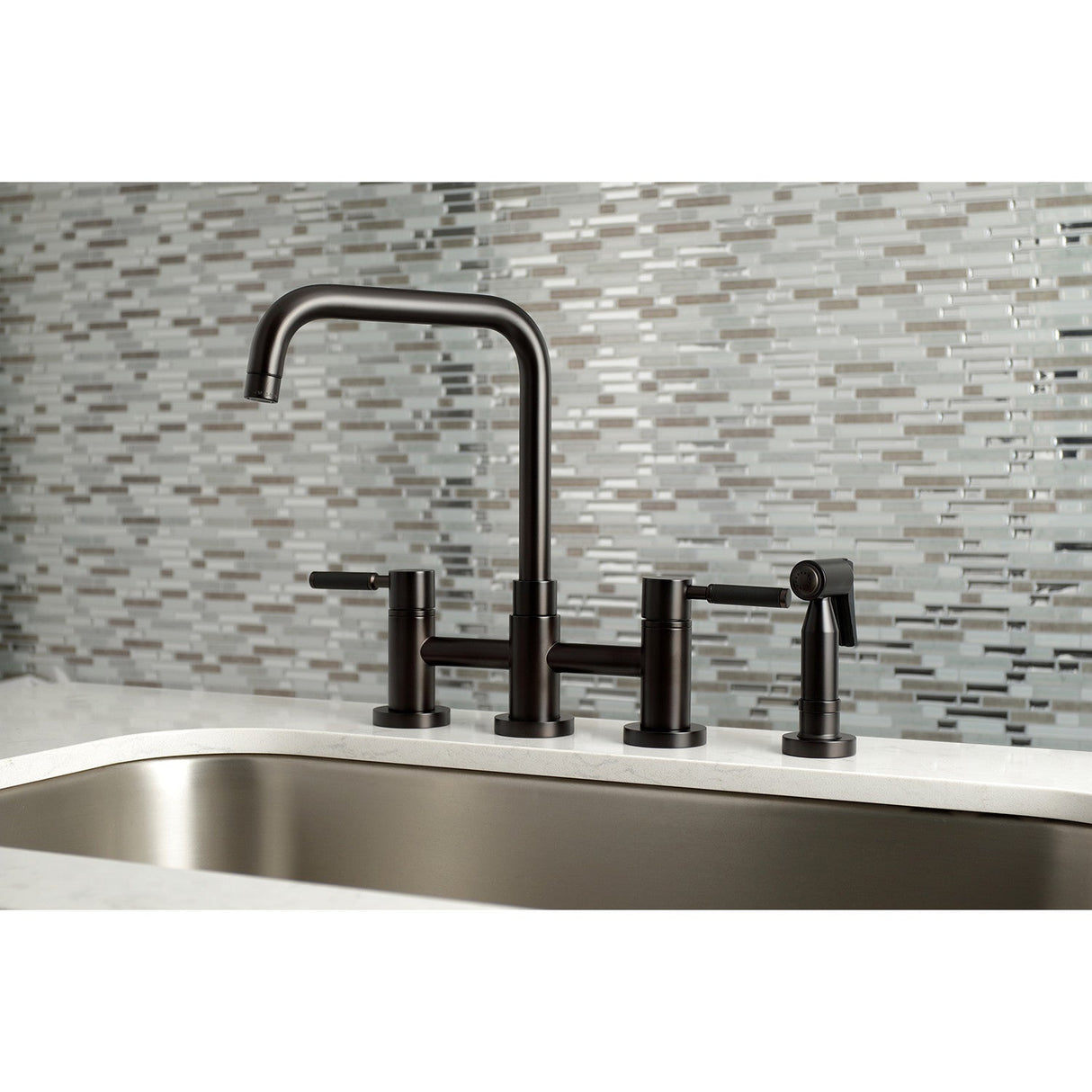 Kaiser KS8285DKLBS Two-Handle 4-Hole Deck Mount Bridge Kitchen Faucet with Brass Sprayer, Oil Rubbed Bronze