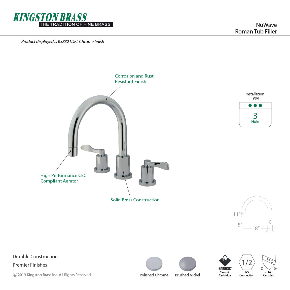 NuWave French KS8321DFL Two-Handle 3-Hole Deck Mount Roman Tub Faucet, Polished Chrome