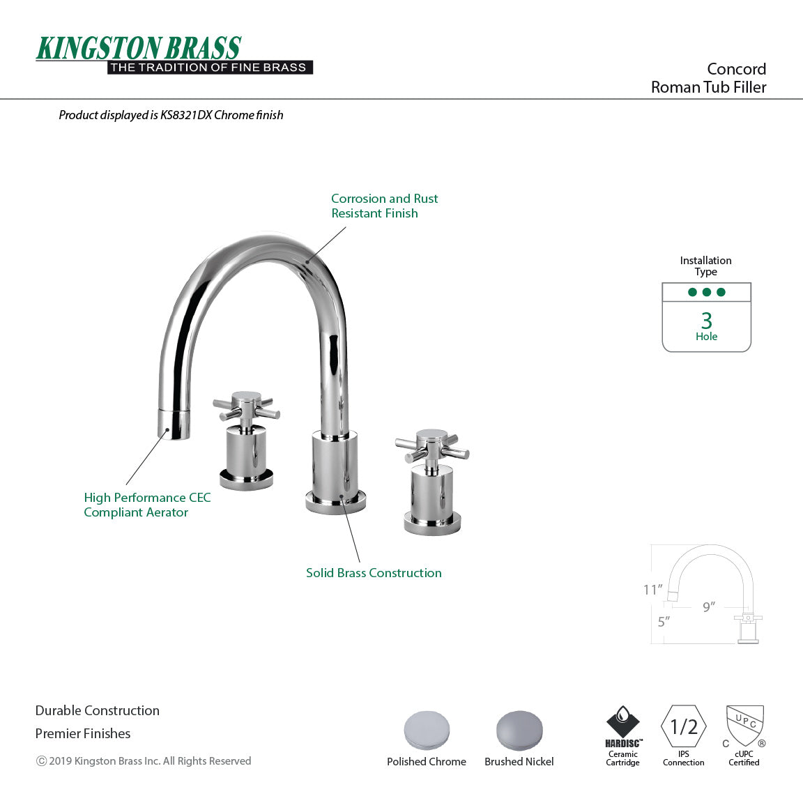 Concord KS8321DX Two-Handle 3-Hole Deck Mount Roman Tub Faucet, Polished Chrome