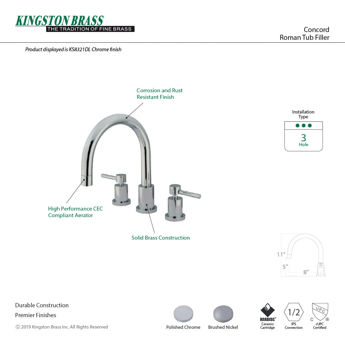 Concord KS8328DL Two-Handle 3-Hole Deck Mount Roman Tub Faucet, Brushed Nickel