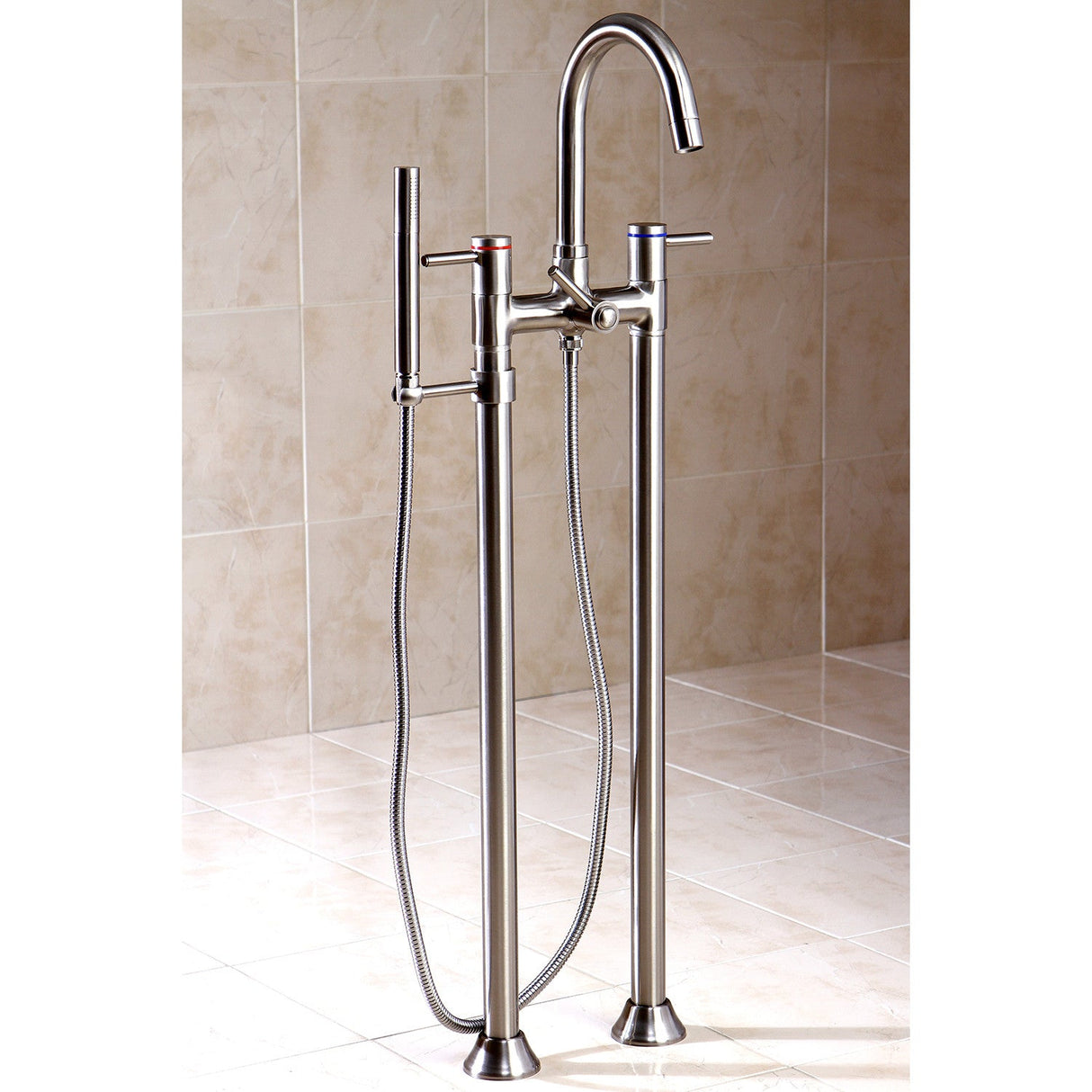 Concord KS8358DL Three-Handle 2-Hole Freestanding Tub Faucet with Hand Shower, Brushed Nickel